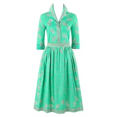 EMILIO PUCCI c.1976 "Chad" Stampa 2 Pc Verde Cotone Camicia Gonna Abito Set