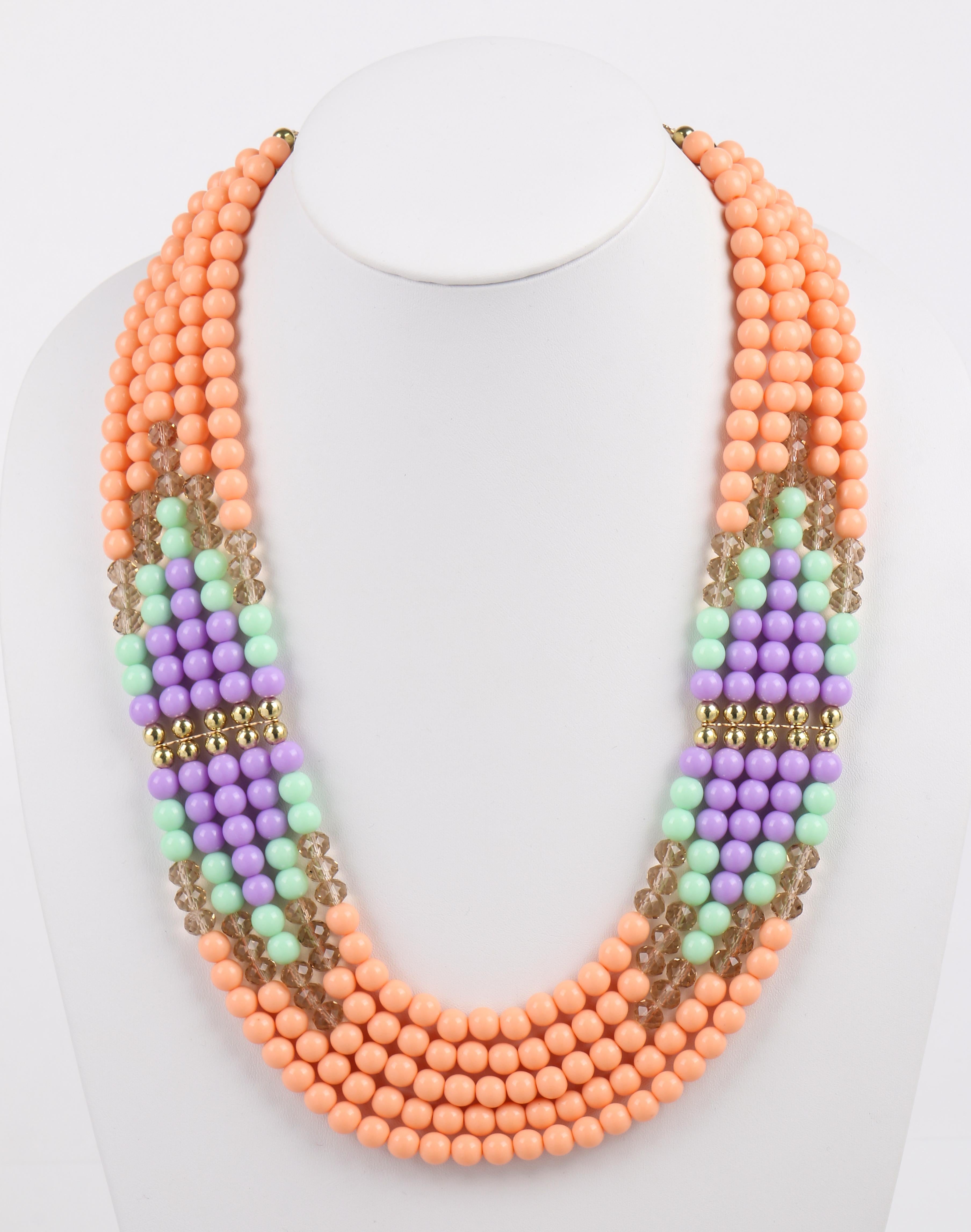 Vintage c.1980's Emilio Pucci (Coppola e Toppo) new old stock multicolored plastic lucite bead multi strand statement collar necklace. Five beaded strands made of round pale peach, mint, purple, and faceted smoky lucite / plastic beads (all