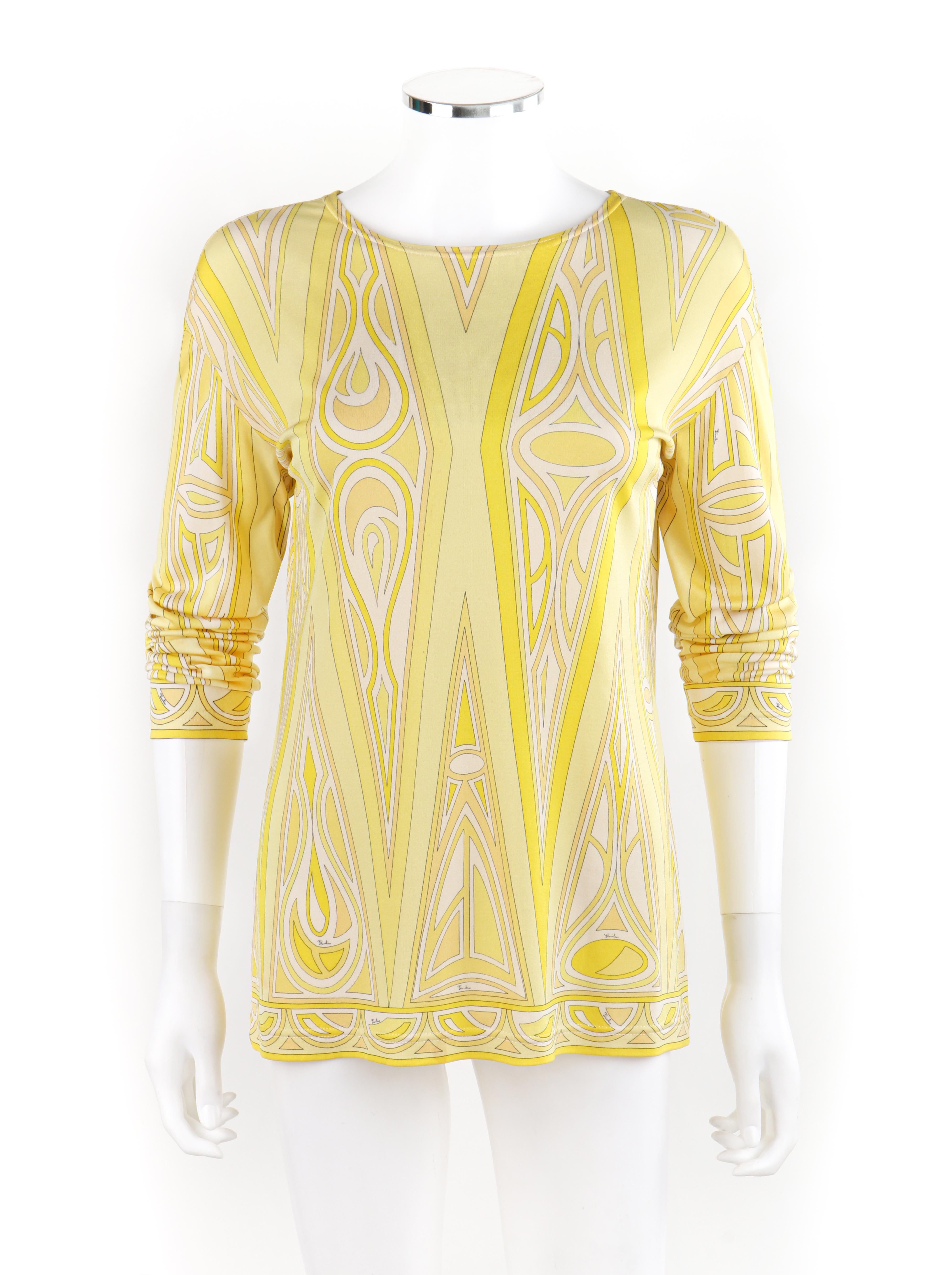 EMILIO PUCCI c.1990’s Yellow Diamond Triangle Geometric Print Long Sleeve Shirt
 
Brand / Manufacturer: Emilio Pucci
Circa: 1990s
Style: Long Sleeve Shirt
Color(s): Shades of yellow, white, and black
Lined: No
Unmarked Fabric Content (feel of):