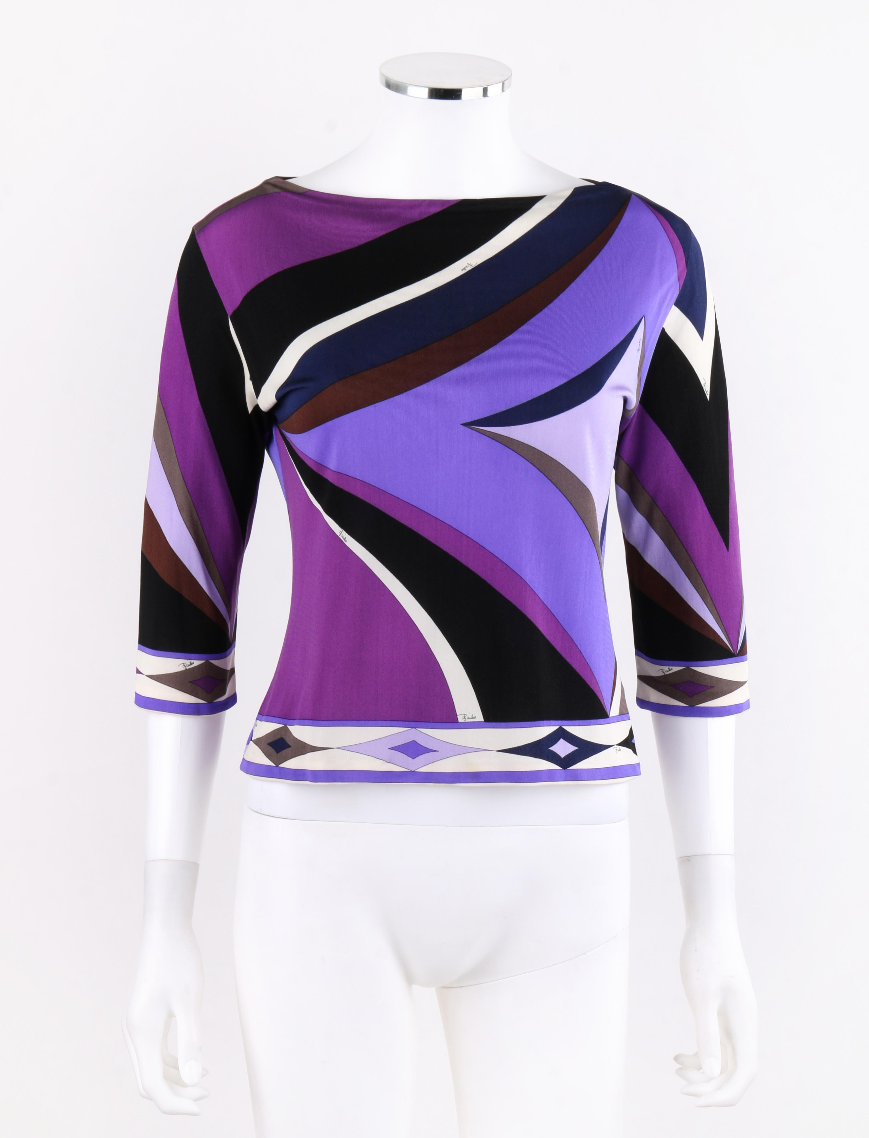 EMILIO PUCCI c.2000’s Purple Diamond Signature Print Boatneck Silk Jersey Top
 
Brand / Manufacturer: Emilio Pucci
Style: boatneck 3/4 sleeve 
Color(s): Shades of purple, black, grey, brown, blue and white. 
Lined: No      
Marked Fabric Content: