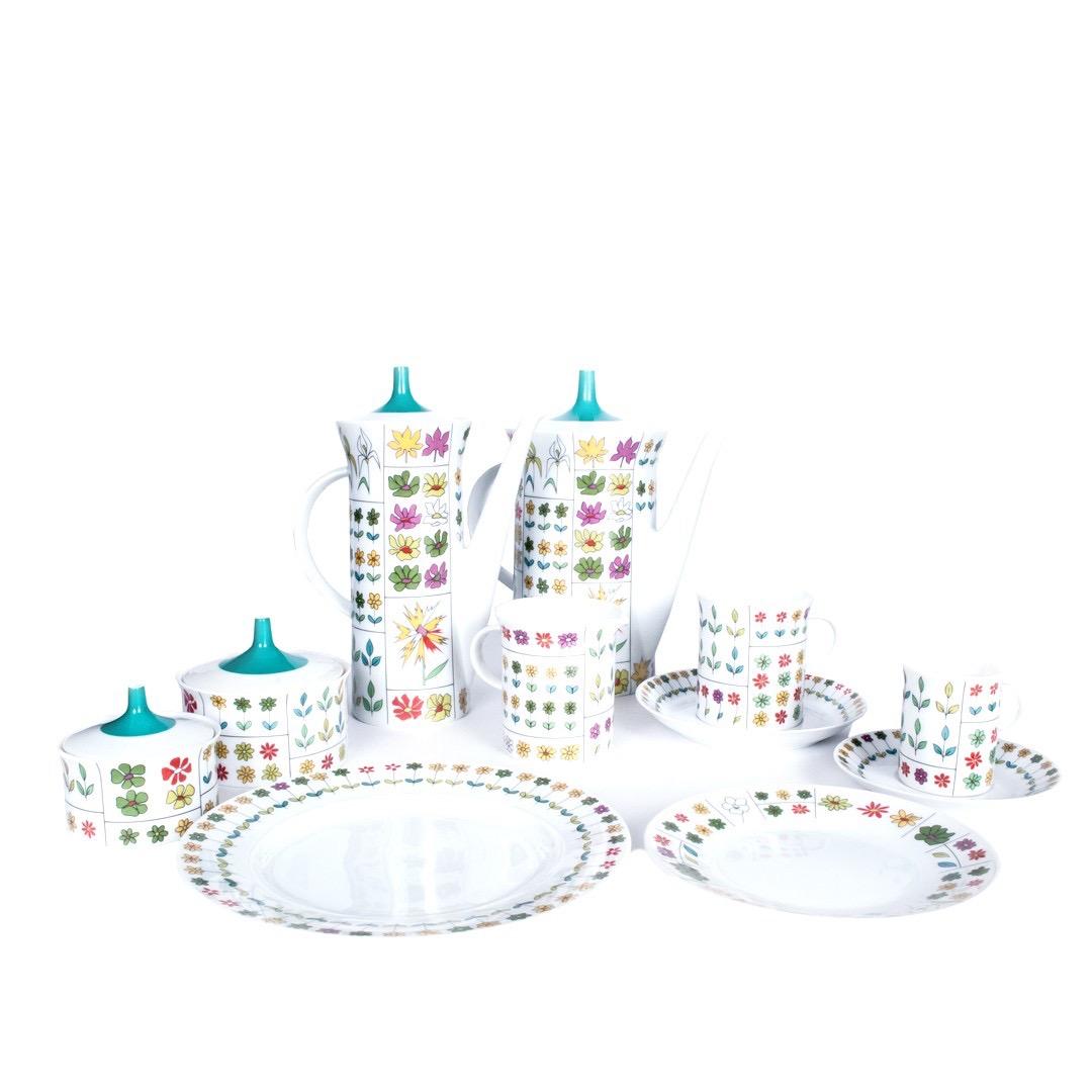 A 60-piece porcelain coffee and dessert set in the Piemonte pattern designed by fashion icon Emilio Pucci and made by Rosenthal. Made in Germany during the years of 1965-1979. This pattern is currently out of production.

All the pieces are signed