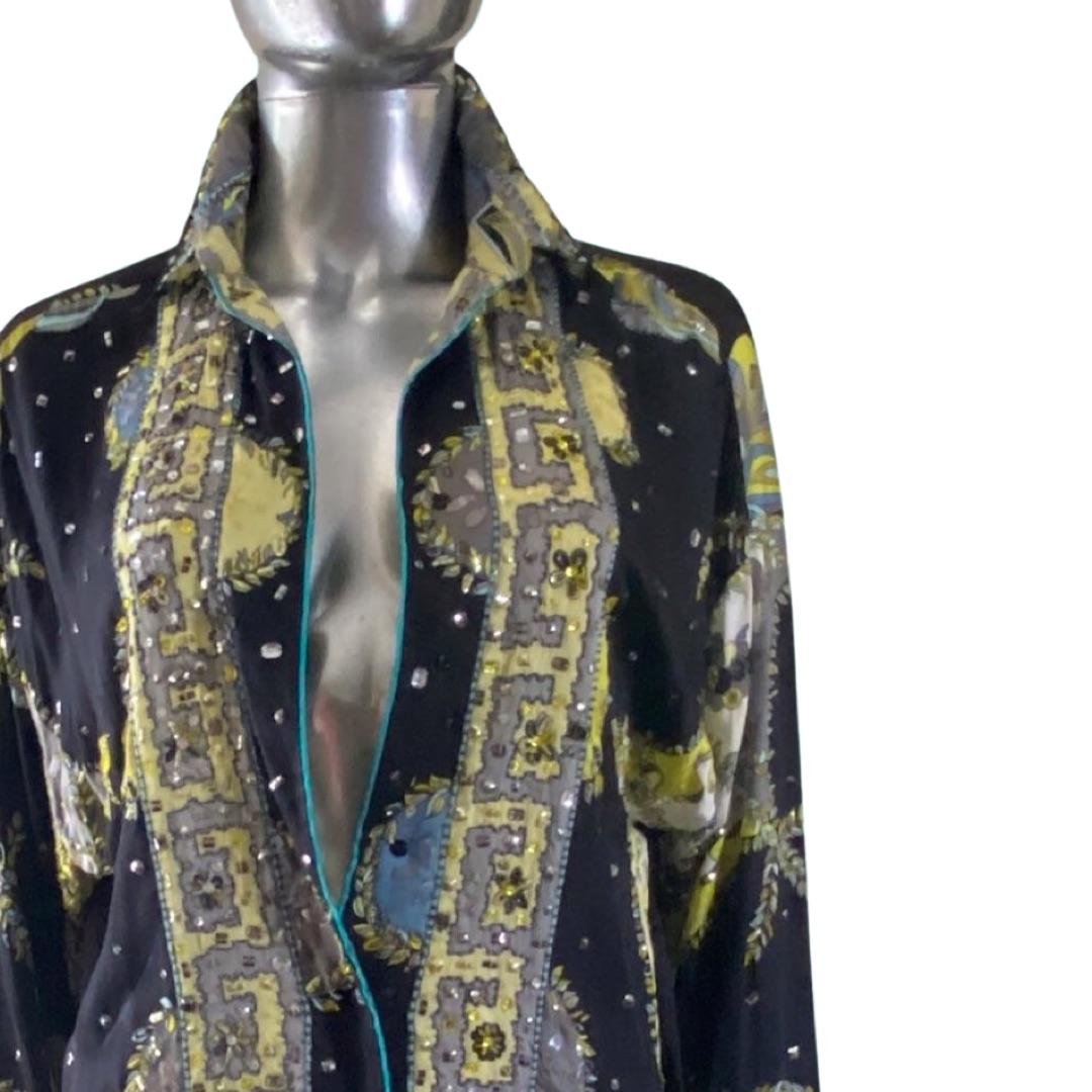 Women's Emilio Pucci Collection Italy Hand Beaded Silk Signature Print Blouse Size 6