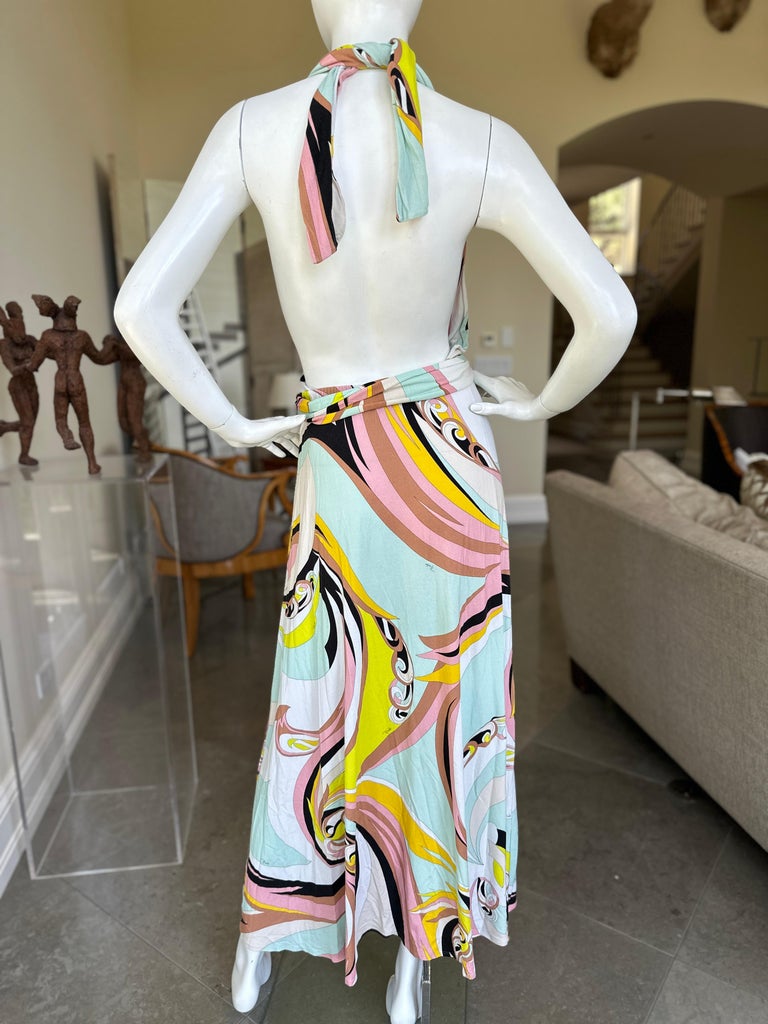 pucci backless dress Emilio Pucci Colorful Vintage Low Cut Backless Maxi Dress at 1stDibs