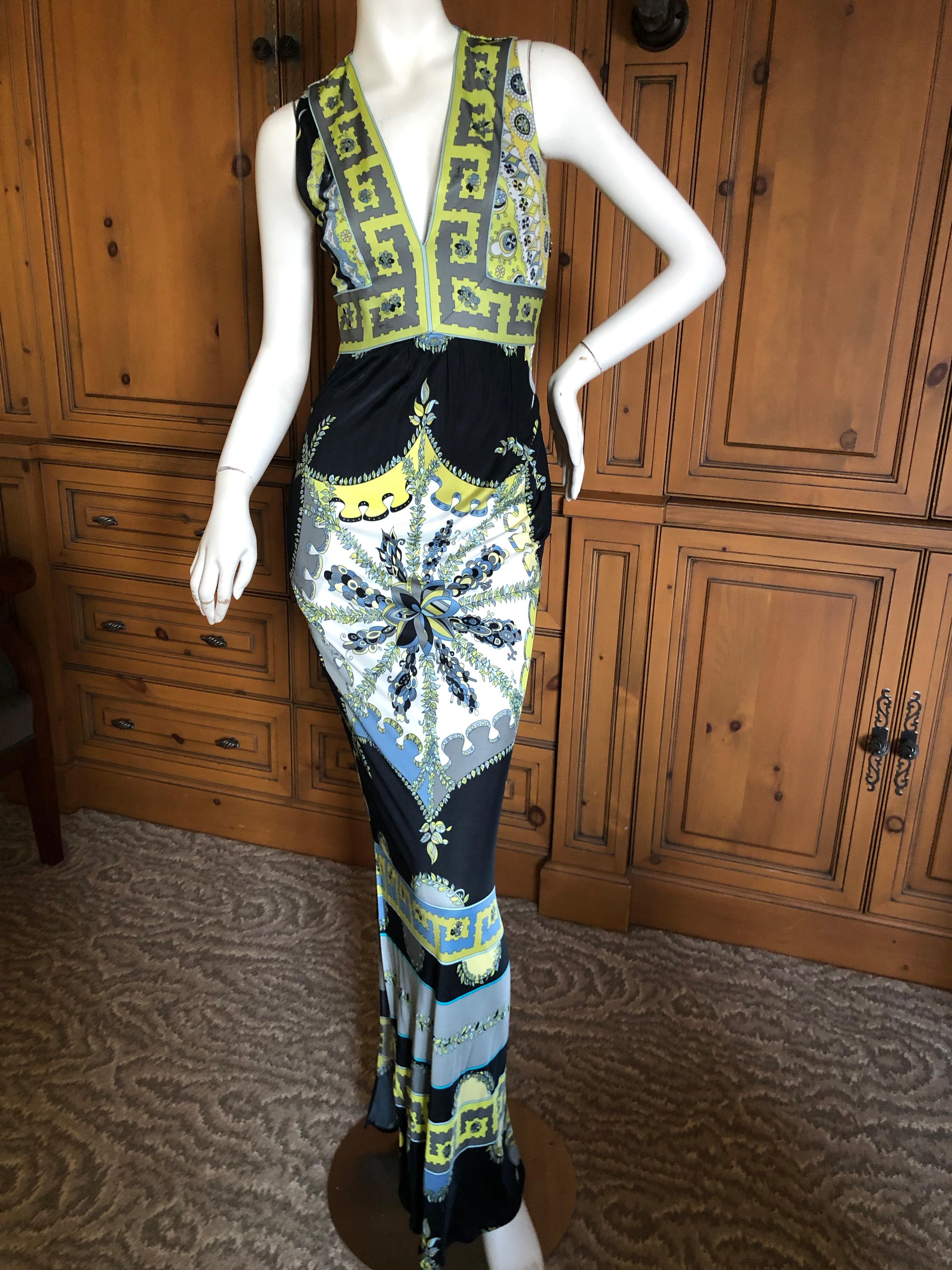 Black Emilio Pucci Colorful Vintage Low Cut Maxi Dress 