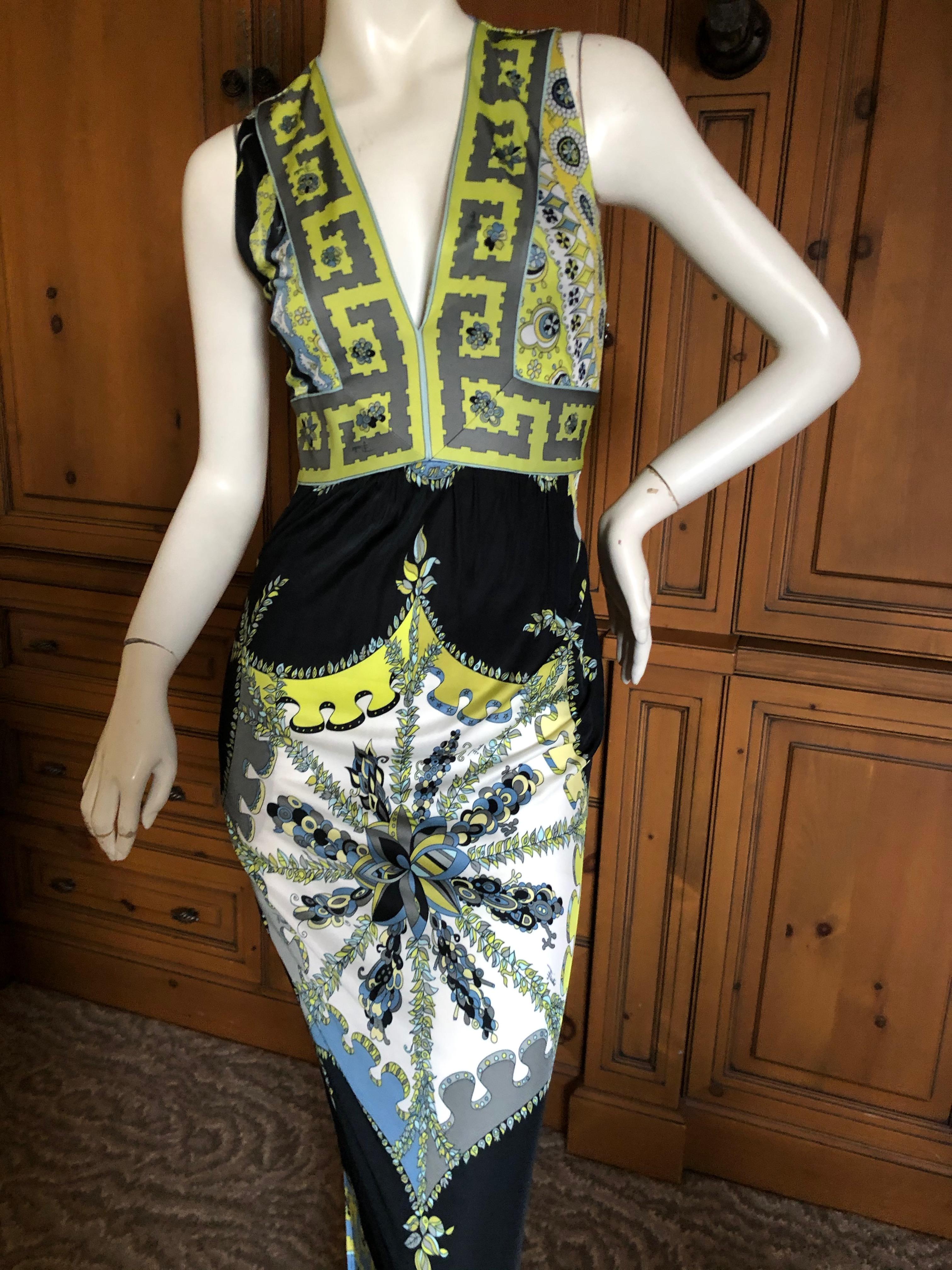 Emilio Pucci Colorful Vintage Low Cut Maxi Dress  In Excellent Condition For Sale In Cloverdale, CA