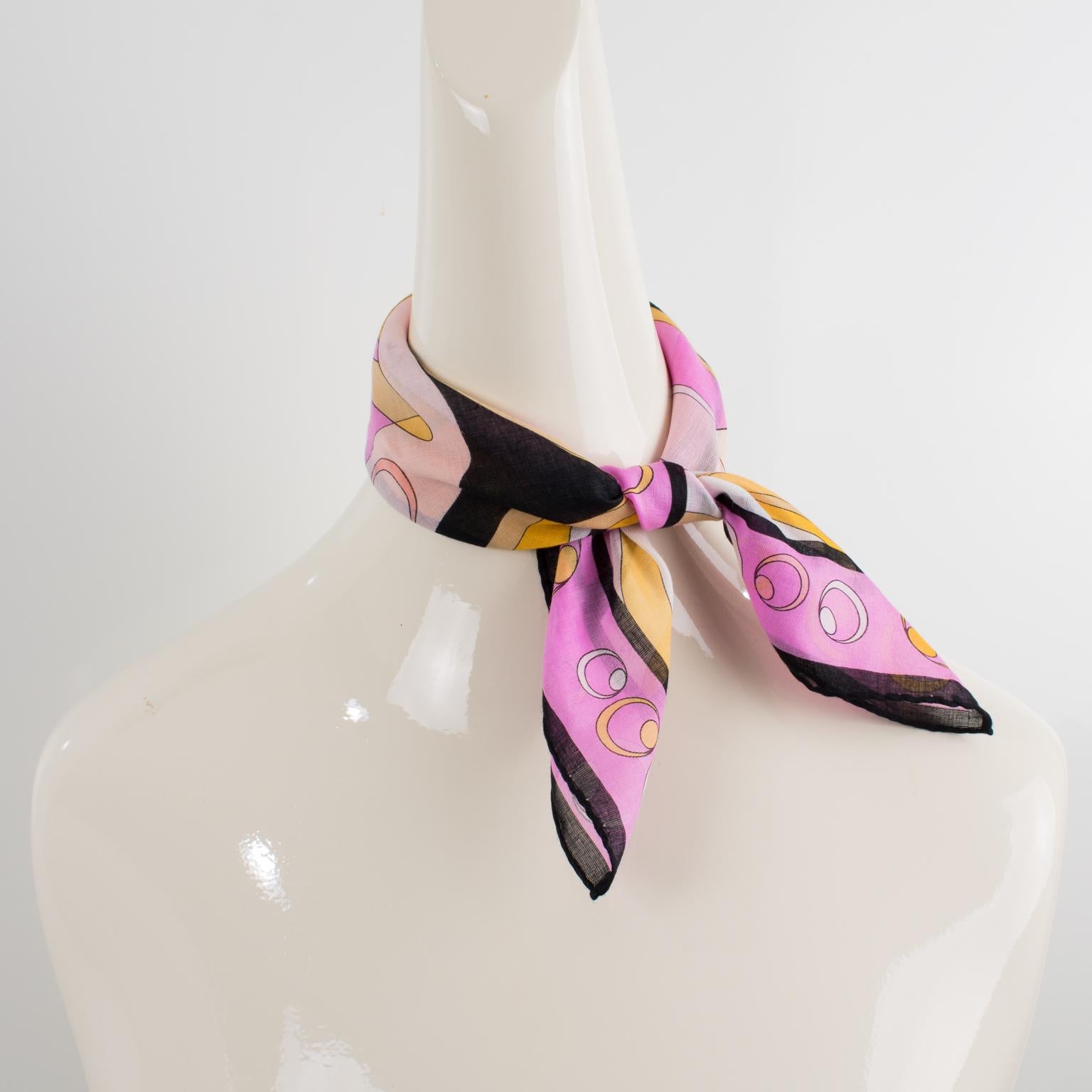 Beautiful cotton scarf by Emilio Pucci in pink and orange colors featuring an abstract design print with a glass of champagne and bubbles and marked several times in the design 