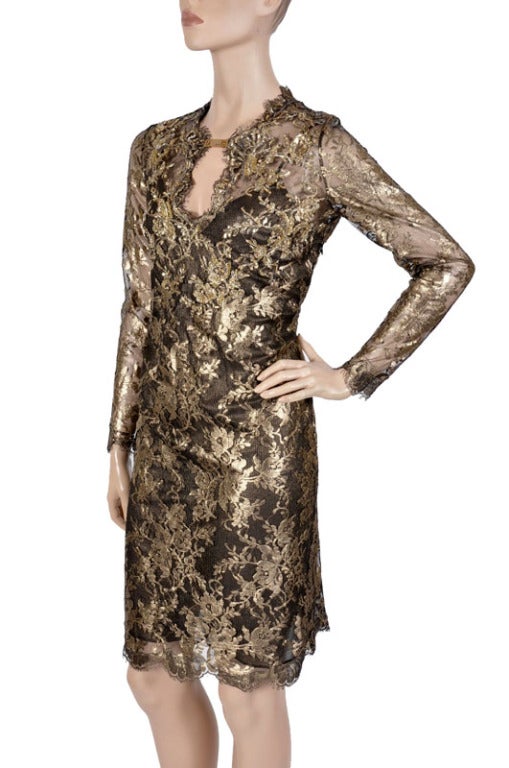 EMILIO PUCCI CRYSTAL AND SEQUIN EMBELLISHED GOLD LACE DRESS Size 40 1