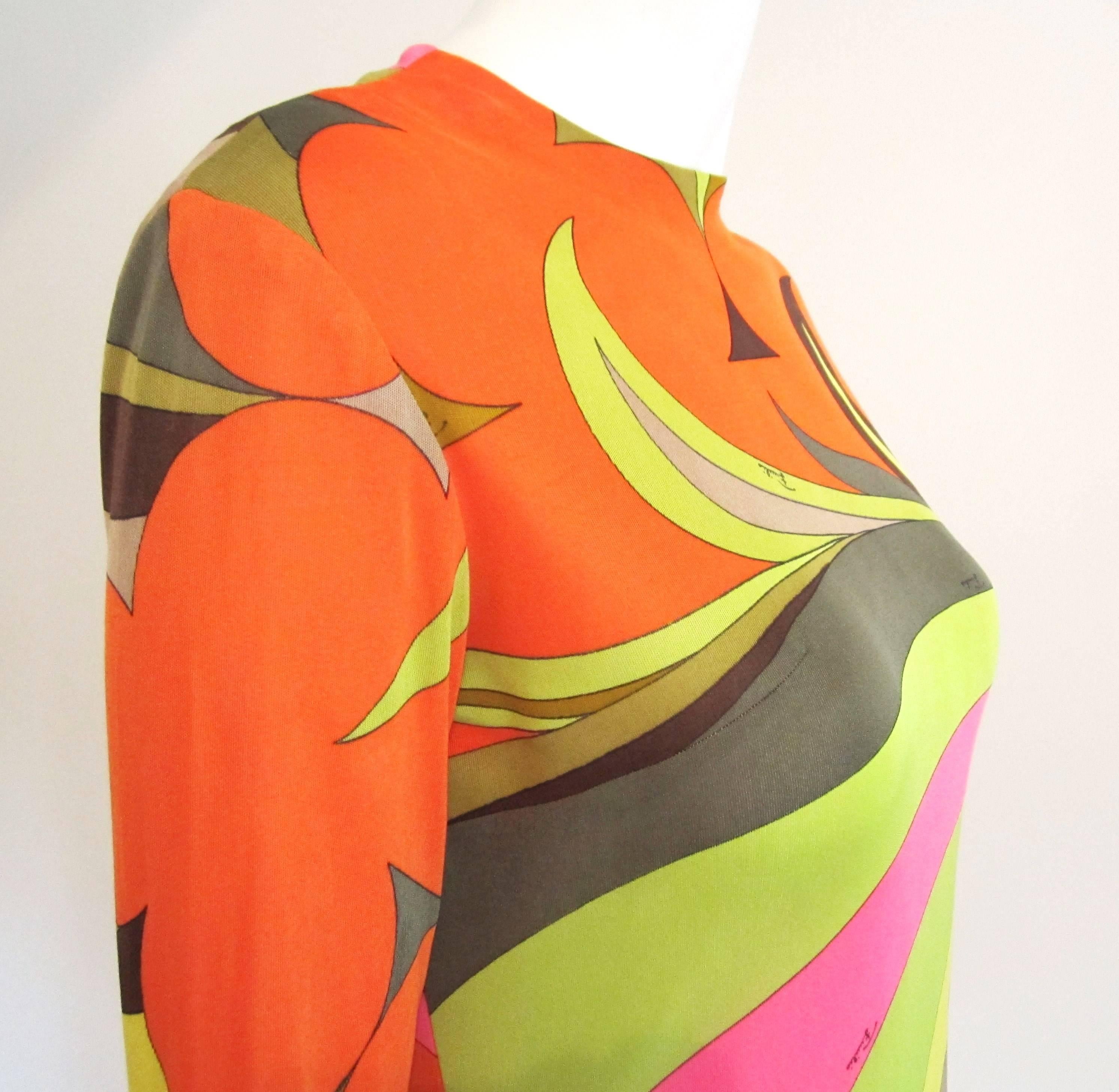 EMILIO PUCCI Dress Multi color Silk Long Sleeve Mod Print 1960s XS Small Vintage In Good Condition In Wallkill, NY