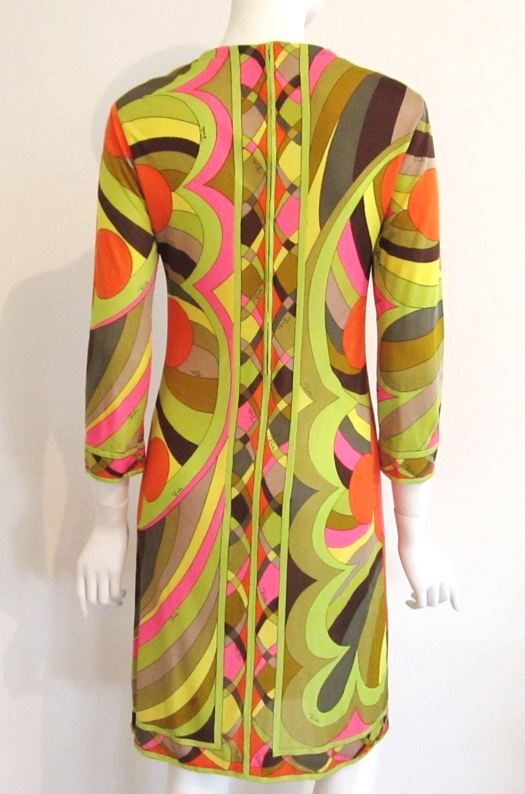 Women's EMILIO PUCCI Dress Multi color Silk Long Sleeve Mod Print 1960s XS Small Vintage