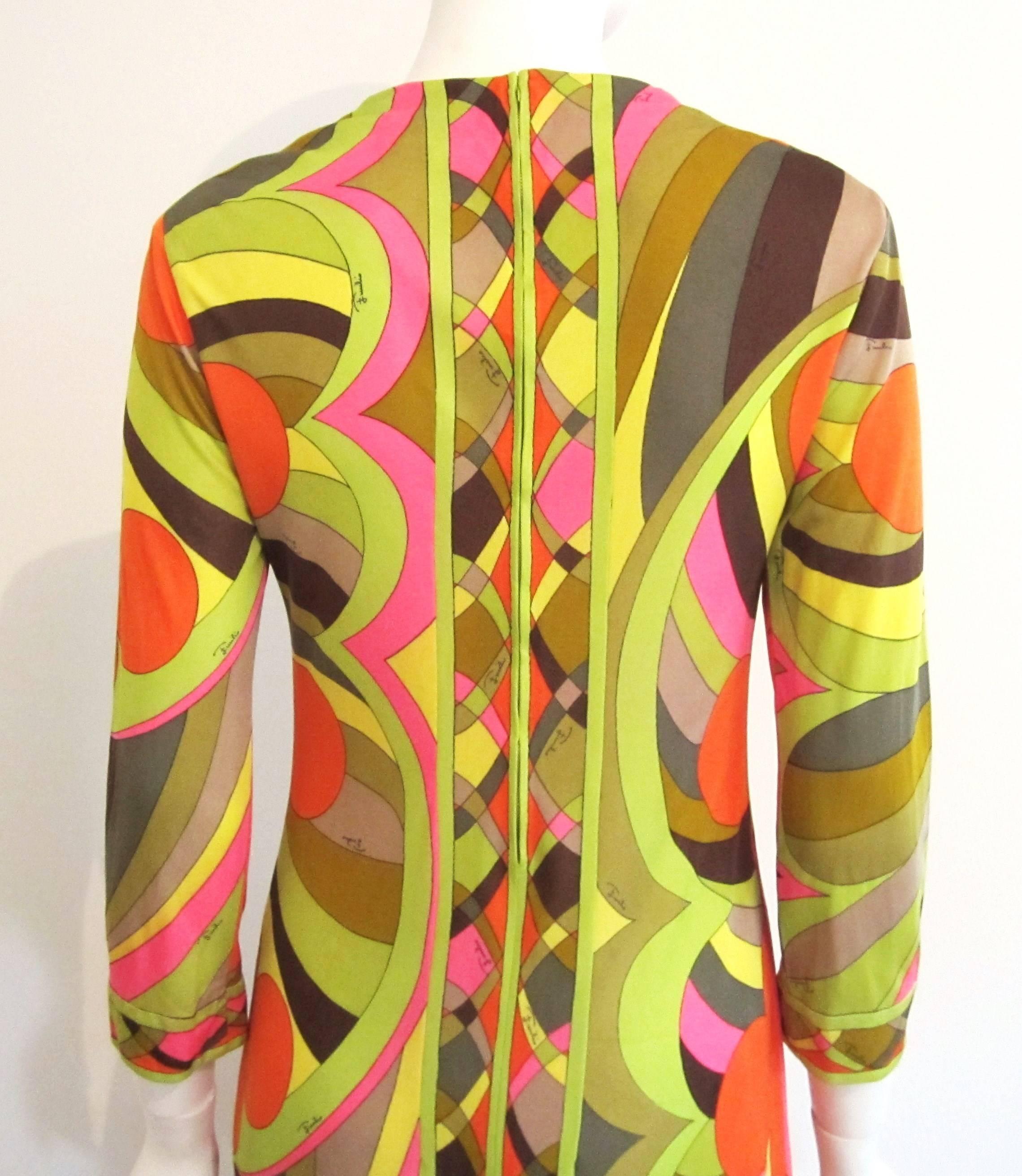 EMILIO PUCCI Dress Multi color Silk Long Sleeve Mod Print 1960s XS Small Vintage 1