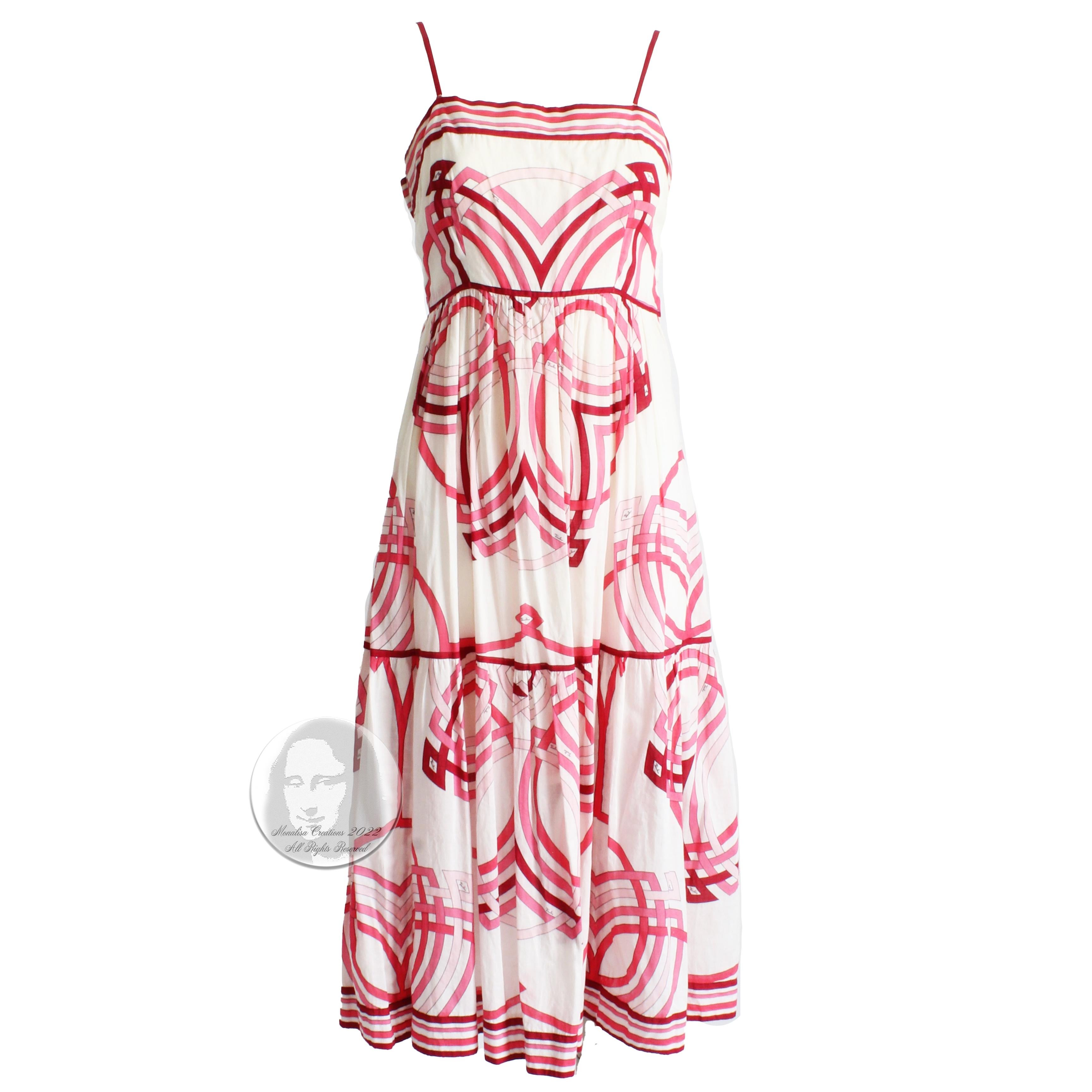 Authentic, preowned and vintage Emilio Pucci Cotton Sundress with Abstract Print, circa the 1970s. Fastens with zipper, unlined. Pretty little sundress that's hand washable!! Tagged vintage size 12, but fits like a modern M.  Approximate