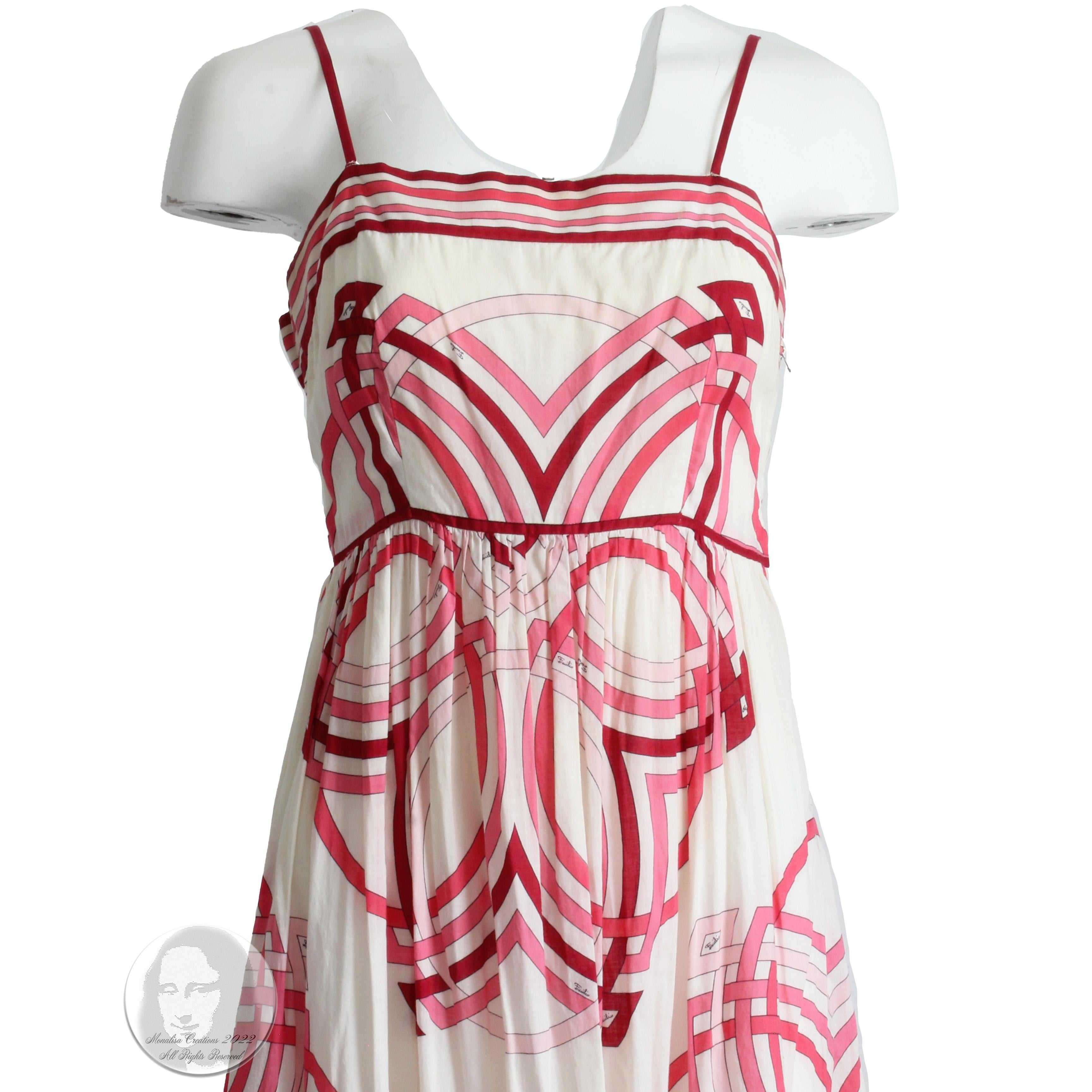 Beige Emilio Pucci Dress Sundress Pink Abstract Print Cotton Spaghetti Strap 70s 