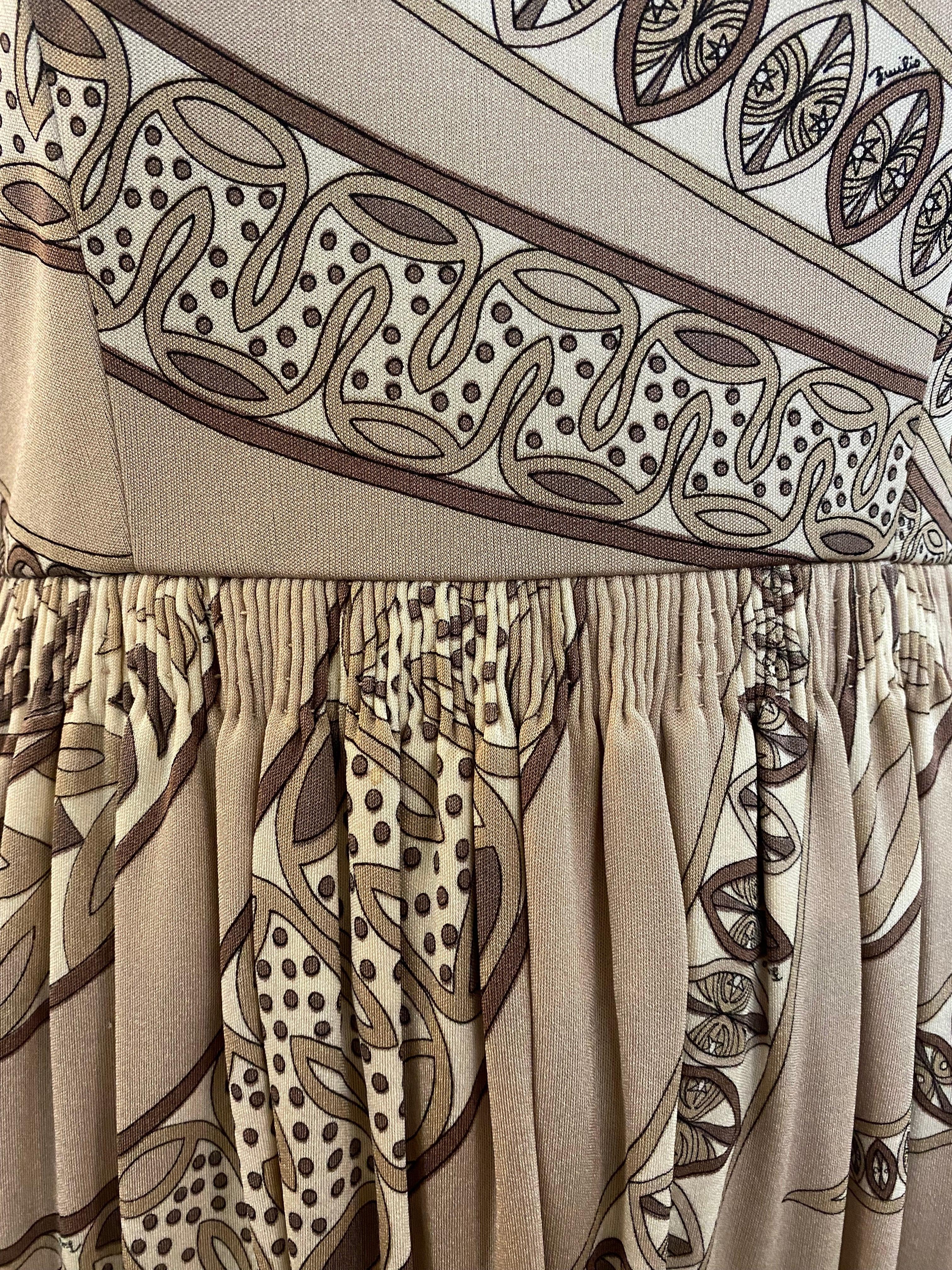 Gray Emilio Pucci Earth Tones Jersey Dress with Iconic Print, 1970s For Sale