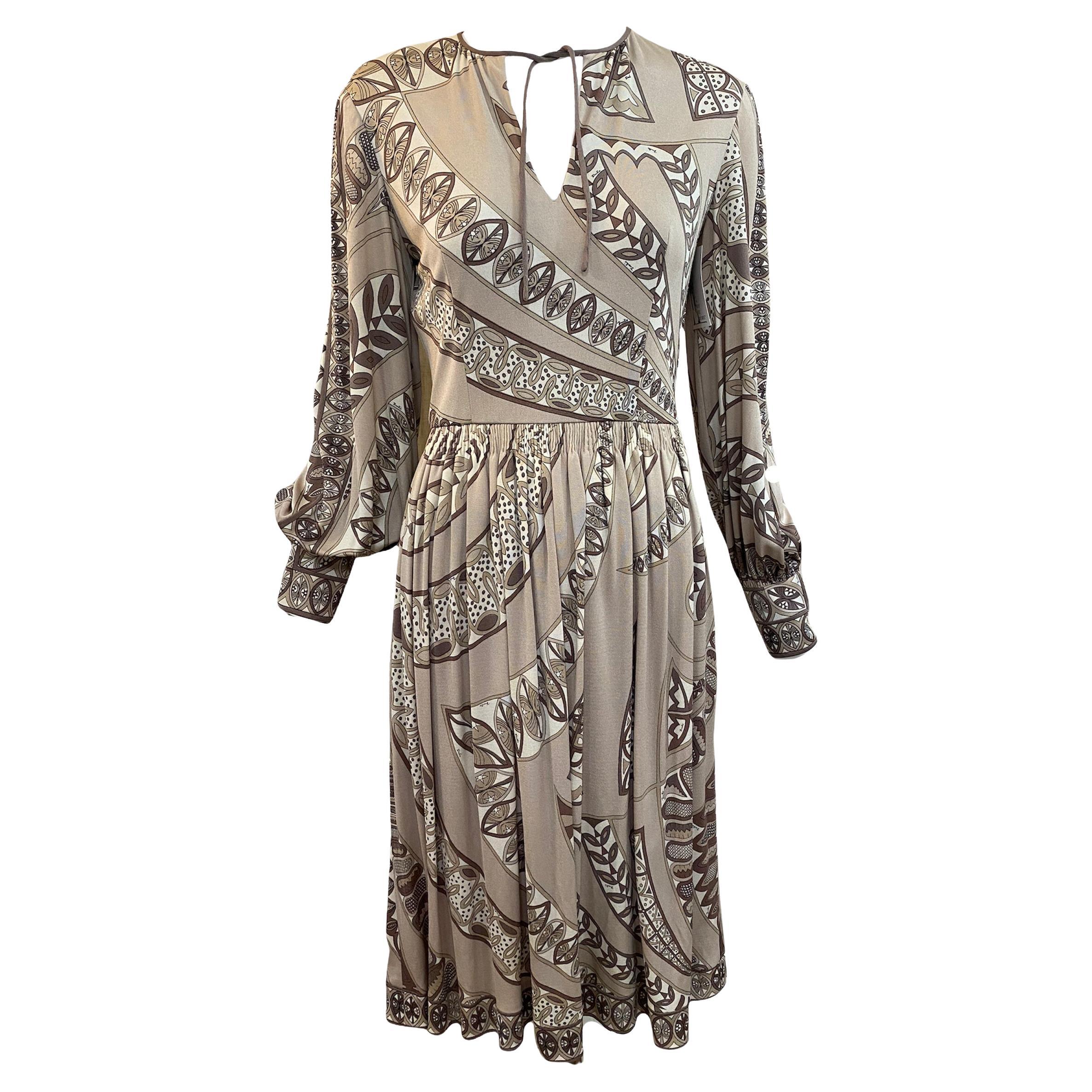 Emilio Pucci Earth Tones Jersey Dress with Iconic Print, 1970s For Sale