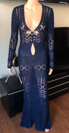 Emilio Pucci Embellished Cutout Crochet Open Knit Navy Dress