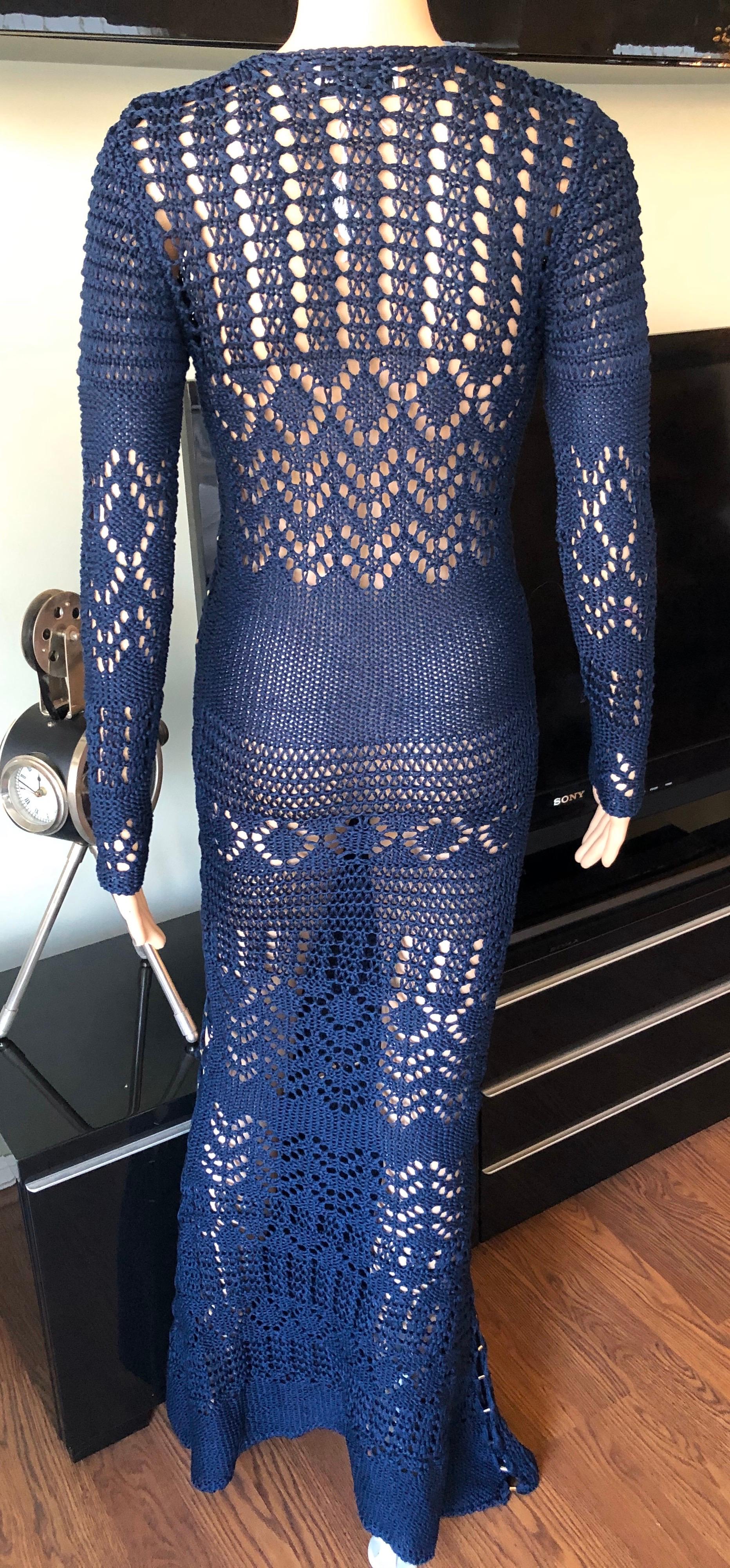 Black Emilio Pucci Embellished Cutout Crochet Open Knit Navy Dress 