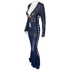 Emilio Pucci Embellished Cutout Crochet Open Knit Navy Dress 