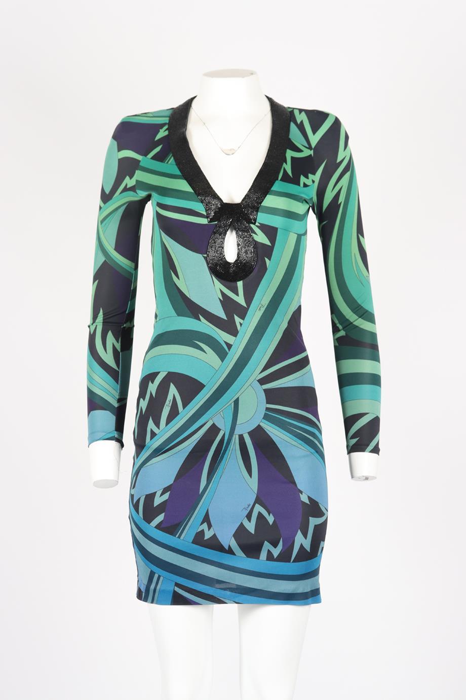 Emilio Pucci Embellished Printed Stretch Jersey Dress. Green, navy and black. Long Sleeve. V-Neck. Slips on. 100% Viscose. IT 38 (UK 6, US 2, FR 34). Bust: 27.8 in. Waist: 23 in. Hips: 24.5 in. Length: 28 in. Condition: Used. Good condition - Small