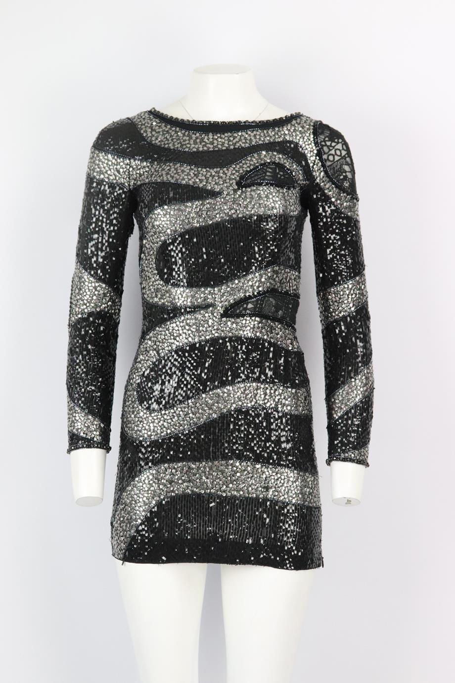 Emilio Pucci embellished silk mini dress. Black and grey. Long sleeve, scoop neck. Zip fastening at side. 100% Silk. Size: IT 38 (UK 6, US 2, FR 34). Bust: 33 in. Waist: 26 in. Hips: 35 in. Length: 30 in. Very good condition - Some sequins missing;