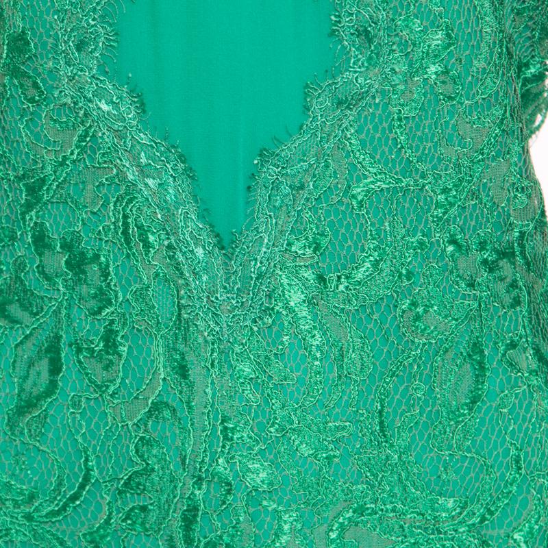 Emilio Pucci Emerald Green Lace Applique Long Sleeve Evening Gown L In New Condition In Dubai, Al Qouz 2