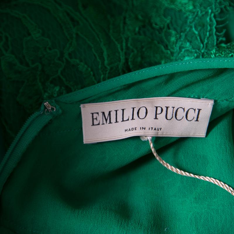 Women's Emilio Pucci Emerald Green Lace Applique Long Sleeve Evening Gown L