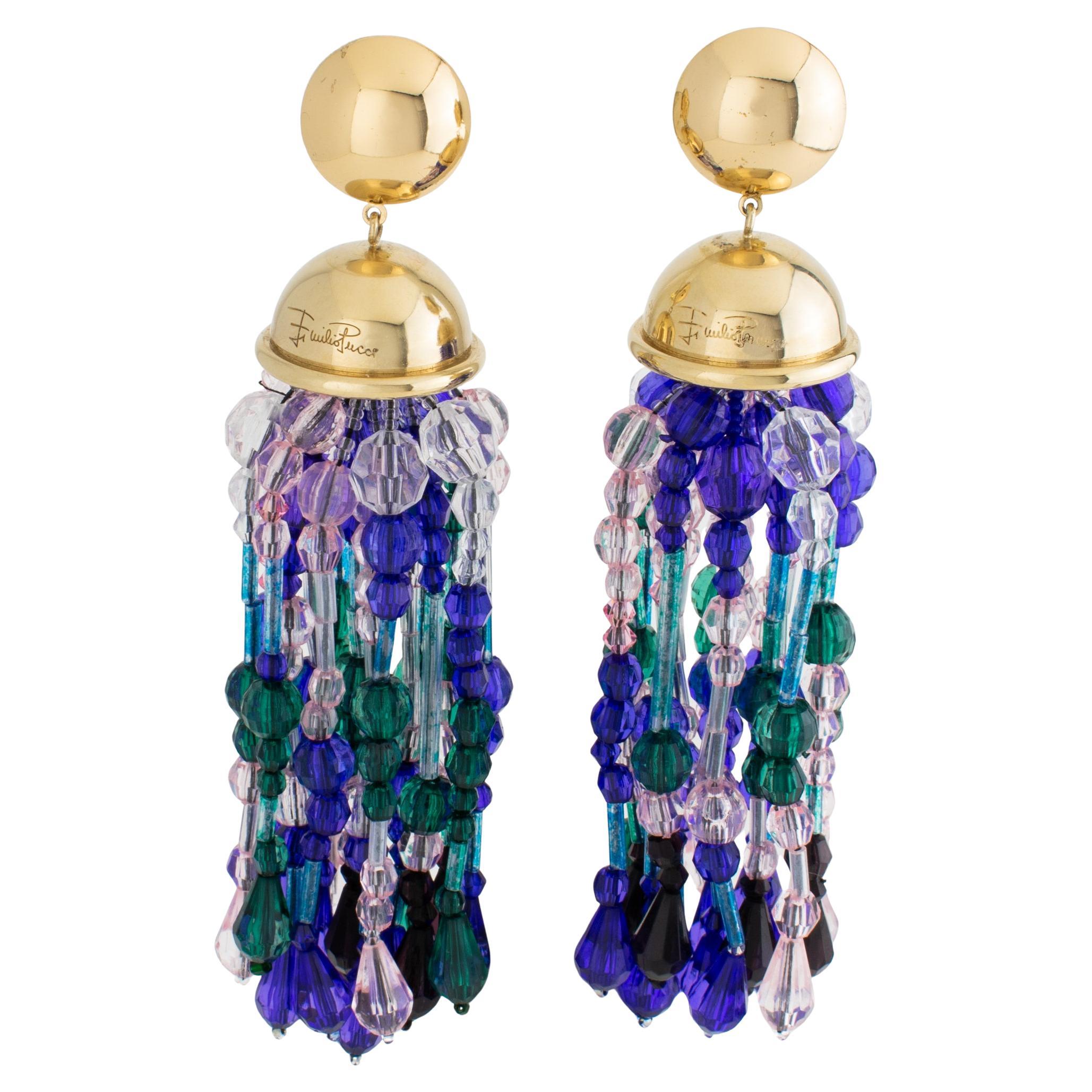 Emilio Pucci Extra-Long Gilded Metal and Murano Art Glass Dangle Clip Earrings in vendita