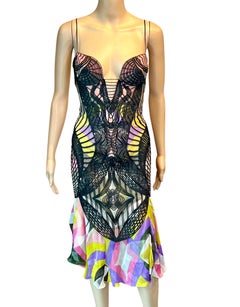 Emilio Pucci F/W 2004 Runway Bustier Spiderweb Crochet Knit Printed Silk Dress