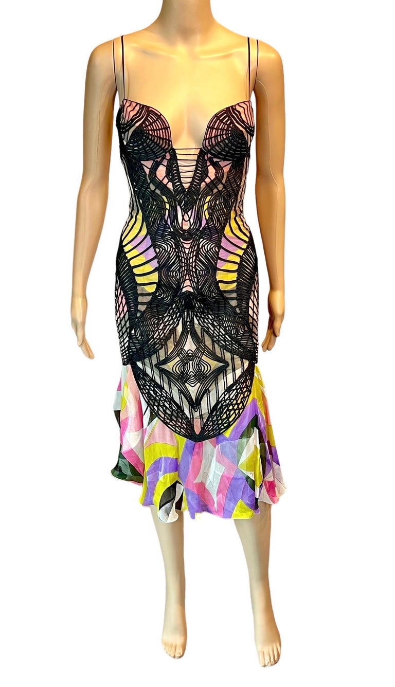 Emilio Pucci F/W 2004 Runway Bustier Spiderweb Crochet Knit Printed Silk  Dress For Sale at 1stDibs