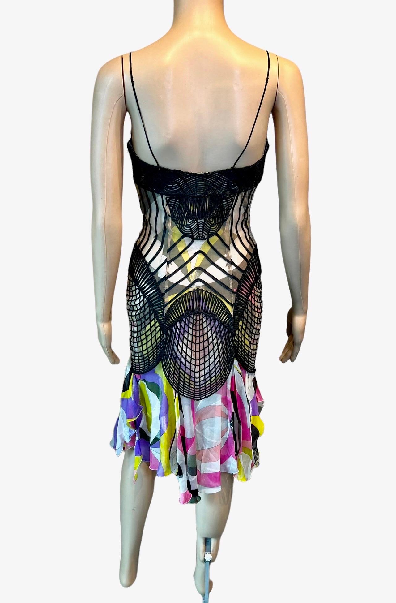 Black Emilio Pucci F/W 2004 Runway Bustier Spiderweb Crochet Knit Printed Silk Dress For Sale
