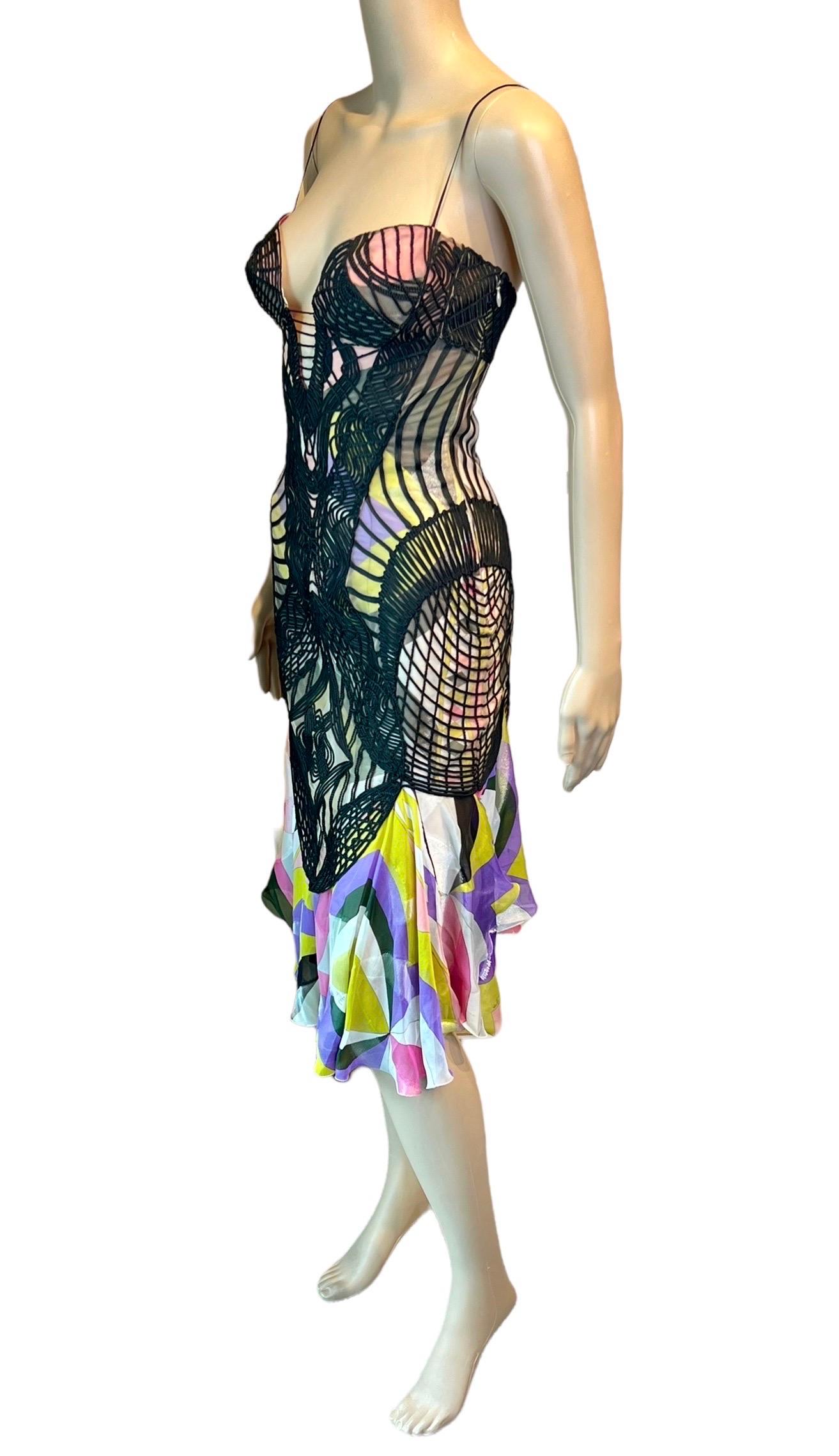 Emilio Pucci F/W 2004 Runway Bustier Spiderweb Crochet Knit Printed Silk Dress In Excellent Condition For Sale In Naples, FL
