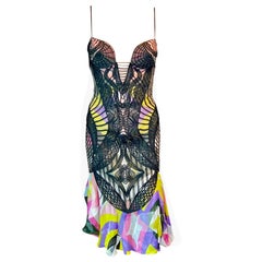 Emilio Pucci F/W 2004 Runway Bustier Spiderweb Crochet Knit Printed Silk Dress