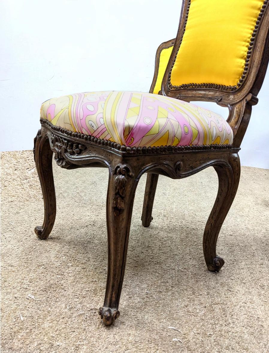 Solid, carved wood Queen Anne chairs. Emilio Pucci silk fabric with matching yellow silk fabric upholstered back. Very good condition. 