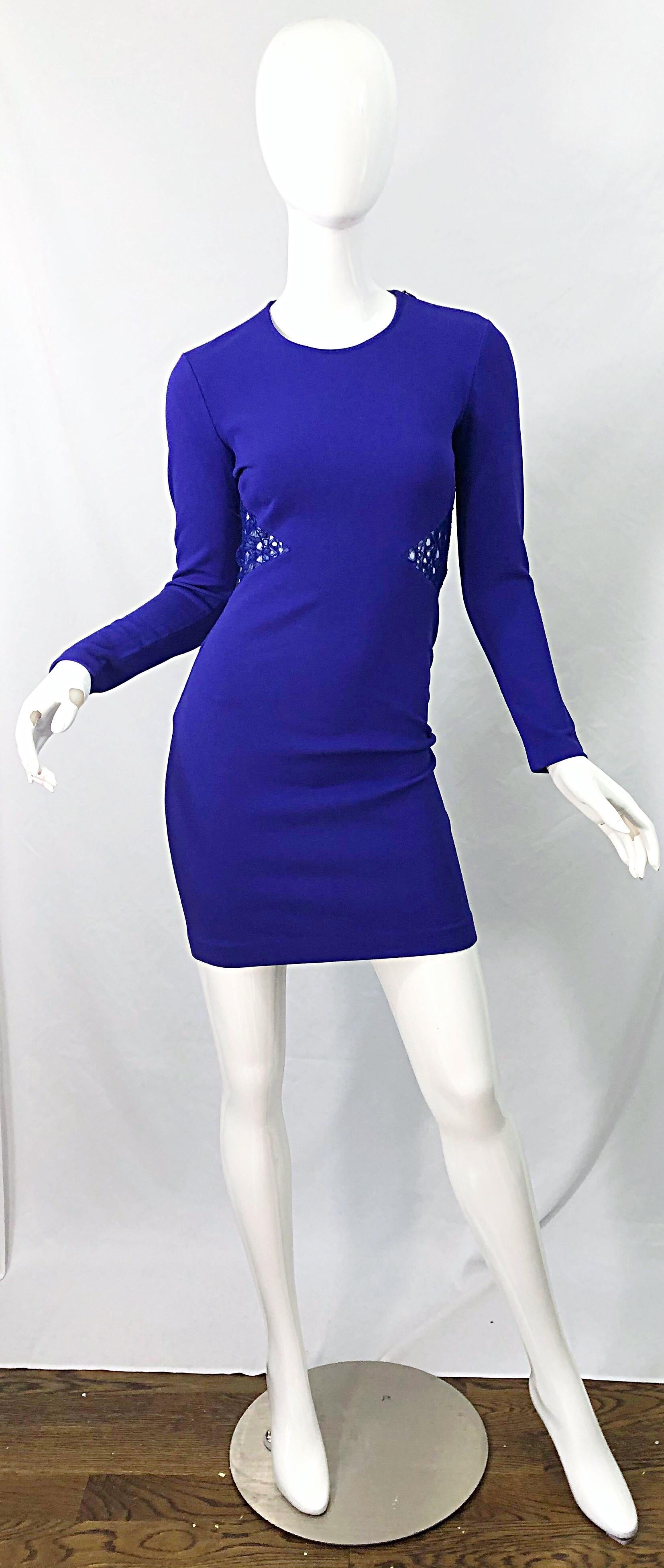 Emilio Pucci Fall 2012 Purple Rayon Lace Cut Out Long Sleeve Bodycon Dress For Sale 5