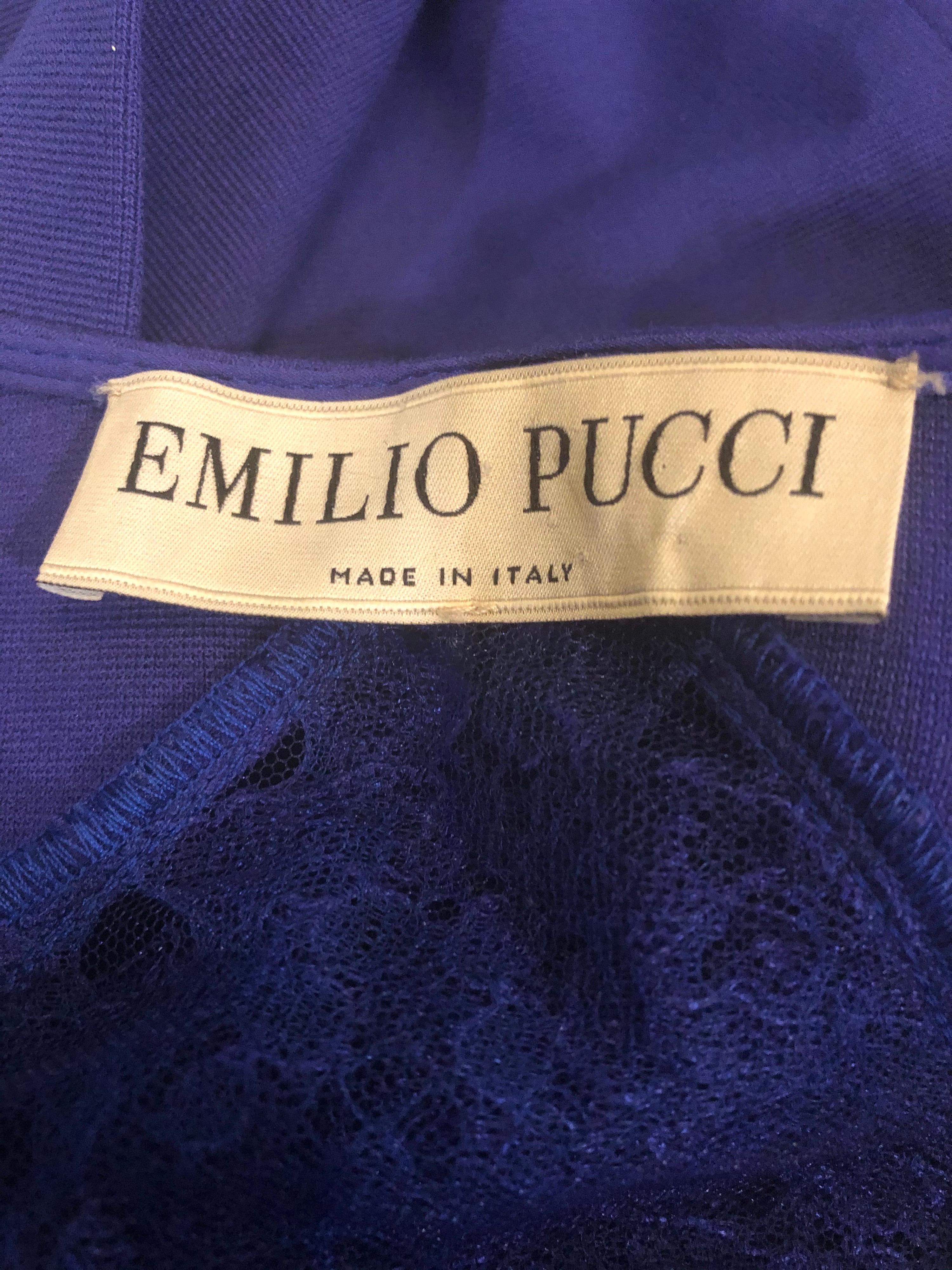 Sexy EMILIO PUCCI Fall 2012 purple rayon jersey / lace cut-out dress ! Features a soft stretch rayon jersey with sheer lace cut-out panels at each side and on the back. This was the year Peter Dundas took Pucci into another direction. Known for