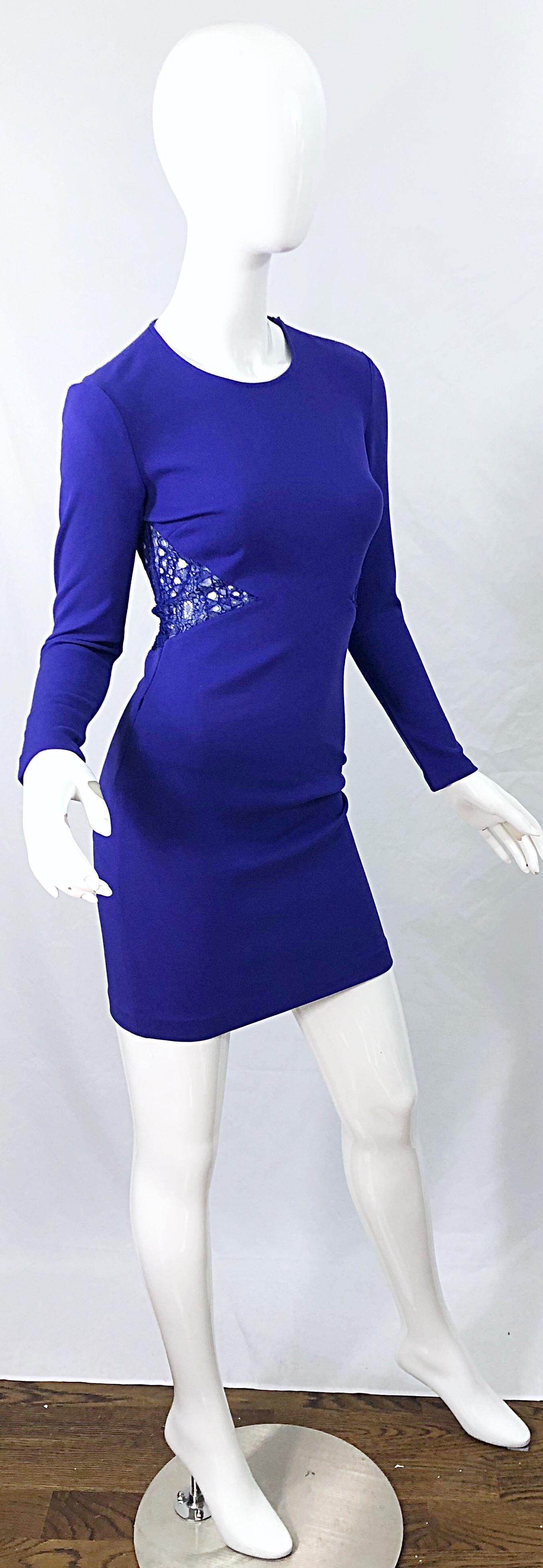 Emilio Pucci Fall 2012 Purple Rayon Lace Cut Out Long Sleeve Bodycon Dress In Excellent Condition For Sale In San Diego, CA