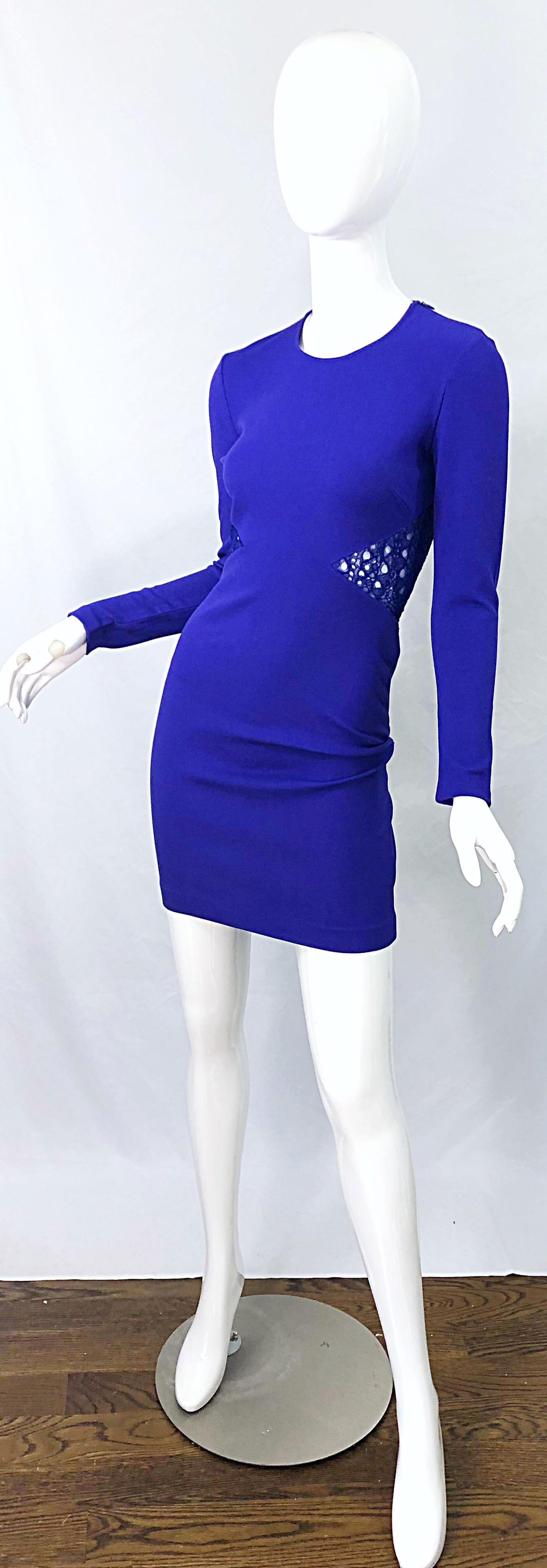 Emilio Pucci Fall 2012 Purple Rayon Lace Cut Out Long Sleeve Bodycon Dress For Sale 2