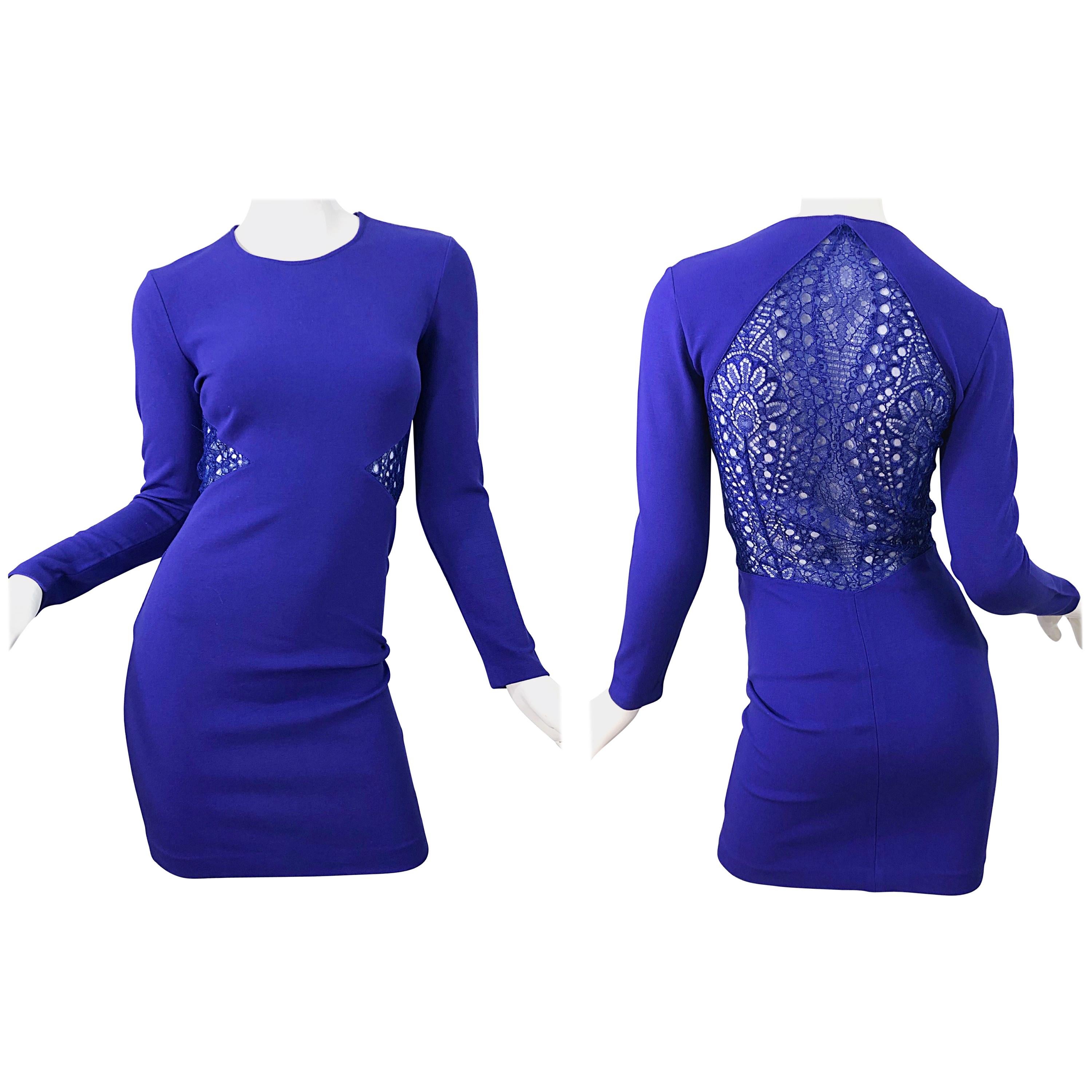 Emilio Pucci Fall 2012 Purple Rayon Lace Cut Out Long Sleeve Bodycon Dress For Sale