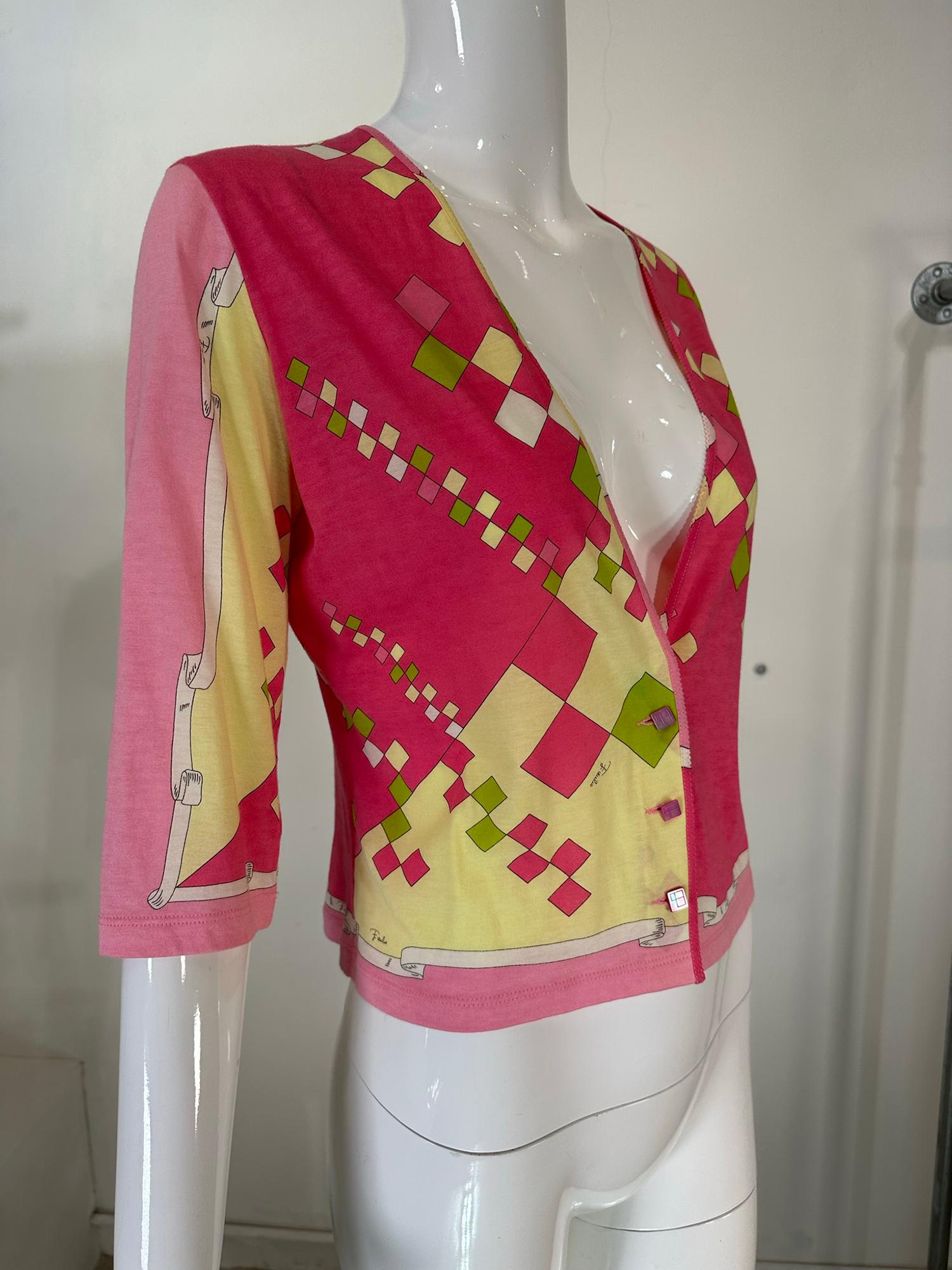 Emilio Pucci fine cotton & silk knit, V neck button front cardigan sweater. Soft fine cotton & silk knit cardigan sweater, signed Emilio Pucci. Great bright print. Closes with square pink tinted mother of pearl etched buttons. 3/4 length sleeves.