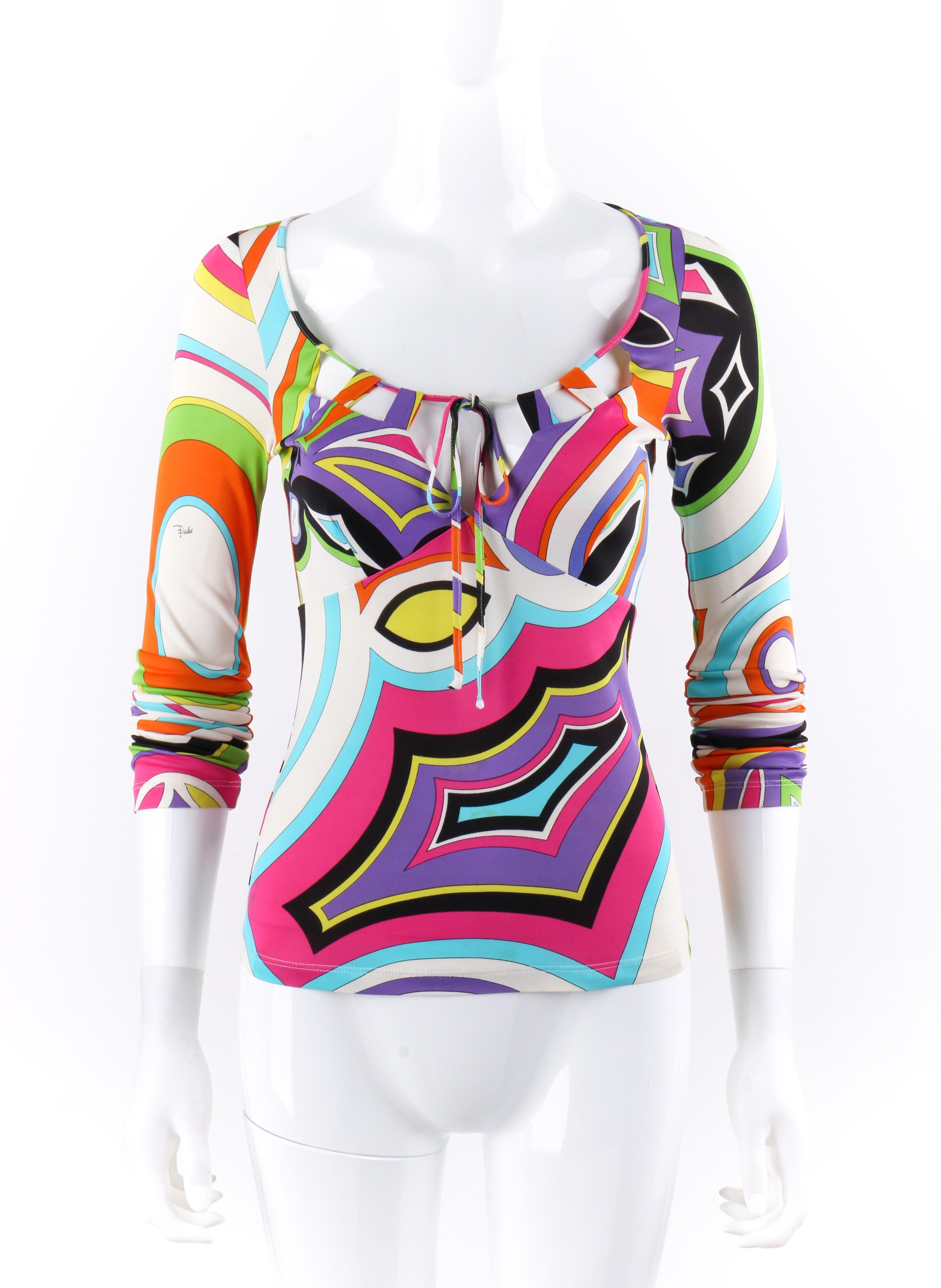 Description: EMILIO PUCCI Firenze c.2005 S/S Kaleidoscopic Shirt Top Blouse Sz 6

Brand / Manufacturer: Emilio Pucci
Collection: Firenze
Style: Shirt, top, blouse
Color(s): Shades of purple, pink, blue, yellow, green, orange, pink, black,