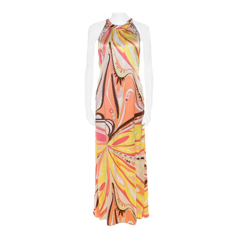 Emilio Pucci Firenze Multicolor Abstract Print Silk Maxi Halter Dress M ...