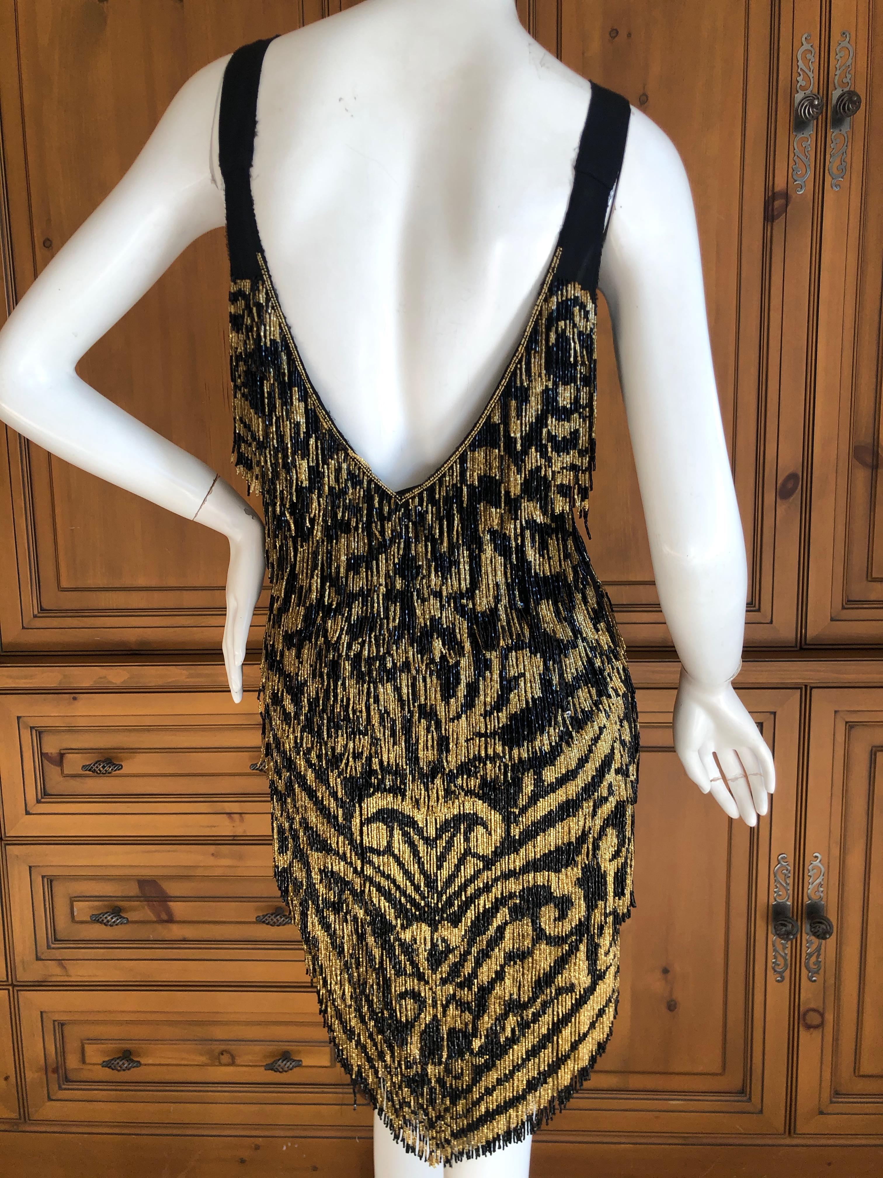 Women's Emilio Pucci Flapper Style Black & Gold Glass Bead Fringed Mini Dress New / Tags For Sale