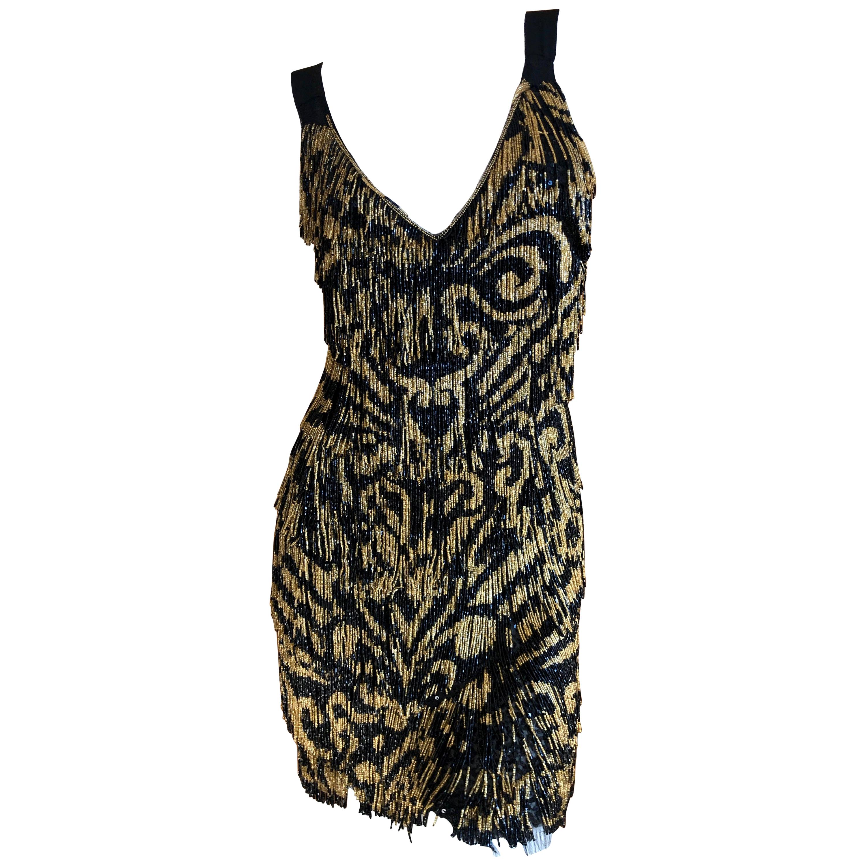 Emilio Pucci Flapper Style Black & Gold Glass Bead Fringed Mini Dress New / Tags For Sale