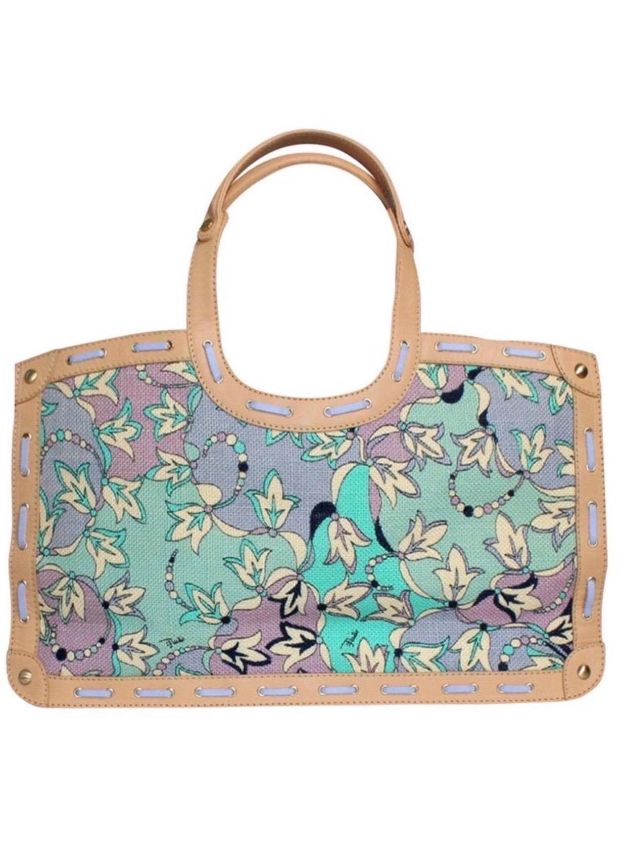 Emilio Pucci Floral Canvas Signature Print & Leather Shoulder Hand Bag Tote 1