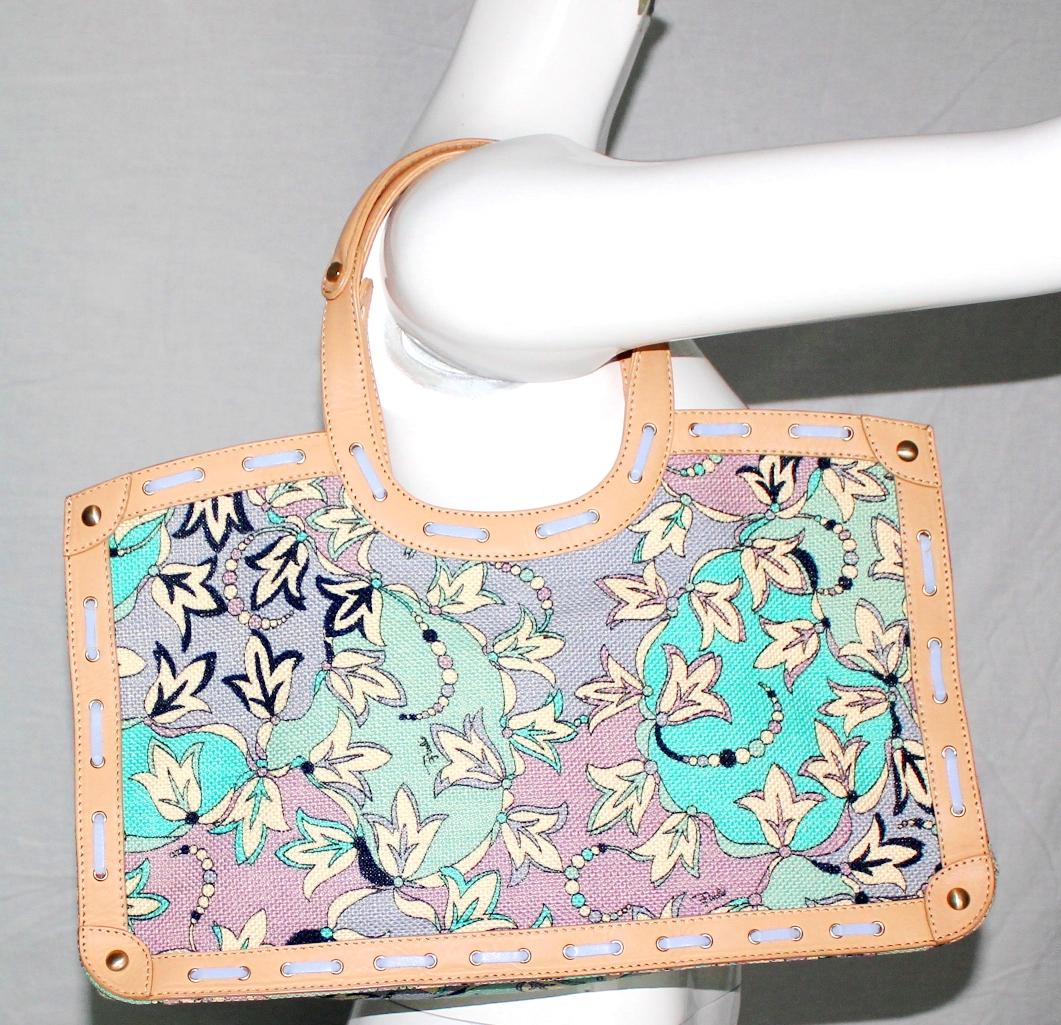 EMILIO PUCCI Floral Canvas Signature Print & Leather Shoulder Hand Bag Tote 3