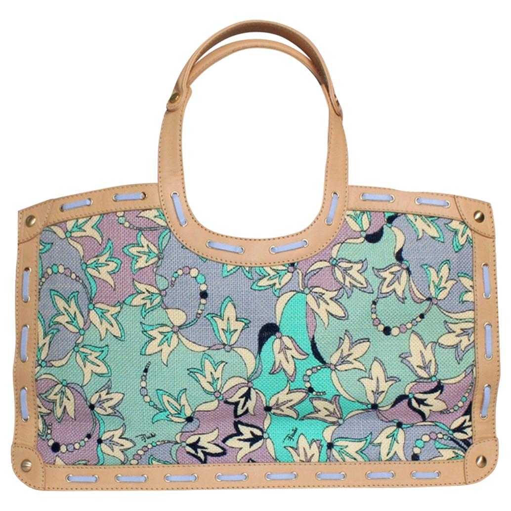 Emilio Pucci Floral Canvas Signature Print & Leather Shoulder Hand Bag Tote