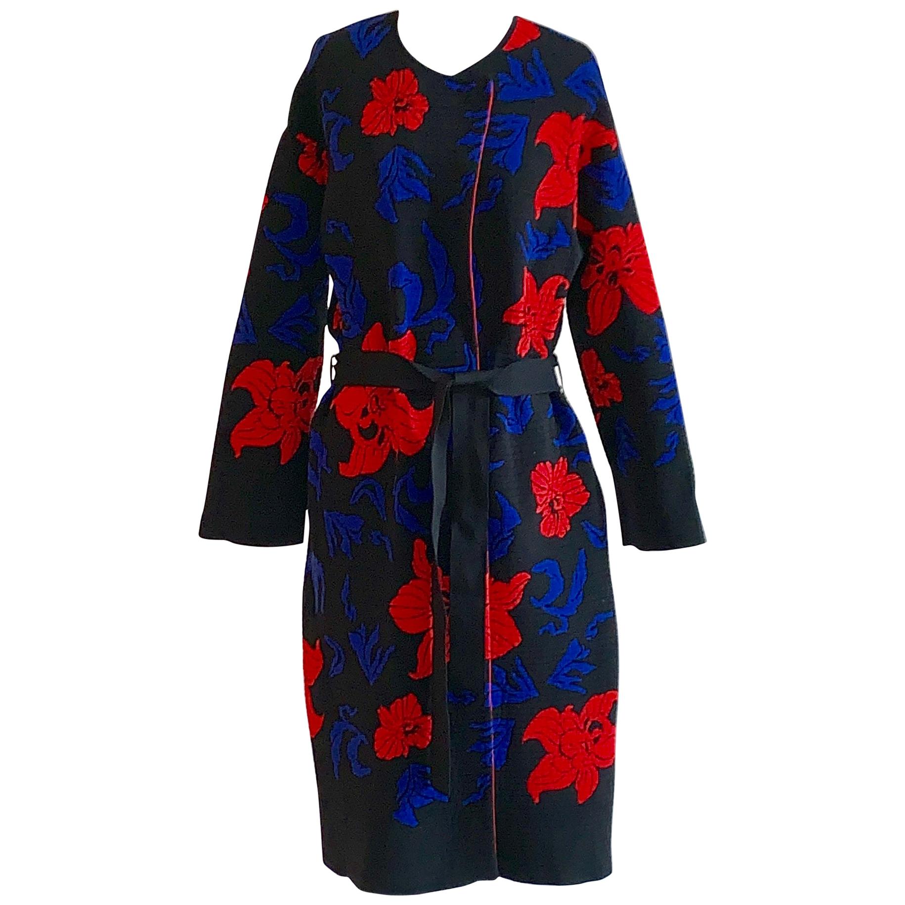 Emilio Pucci Floral Rib Knit Sweater Coat in Black, Blue and Red