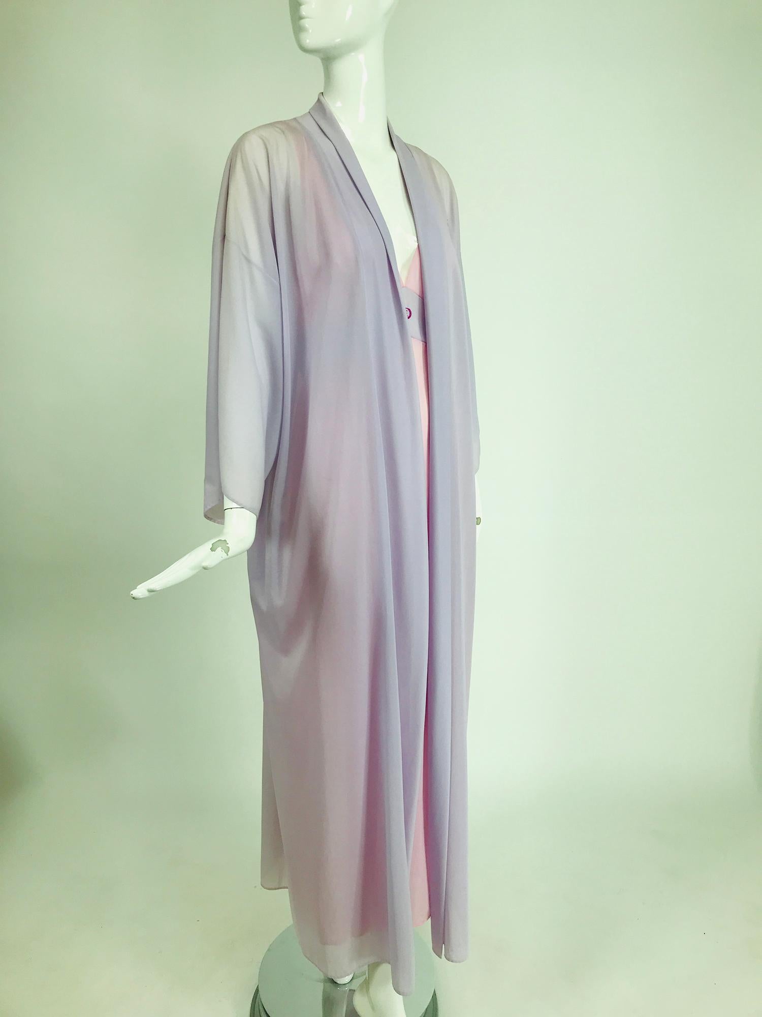 Emilio Pucci for Formfit Rogers 2pc. peignoir in sheer pink & lavender nylon. Long kimono sleeve wrap front gown, the belt is missing, in coral. The matching night gown is pull on with a V neckline front and back, high waist band and slightly full