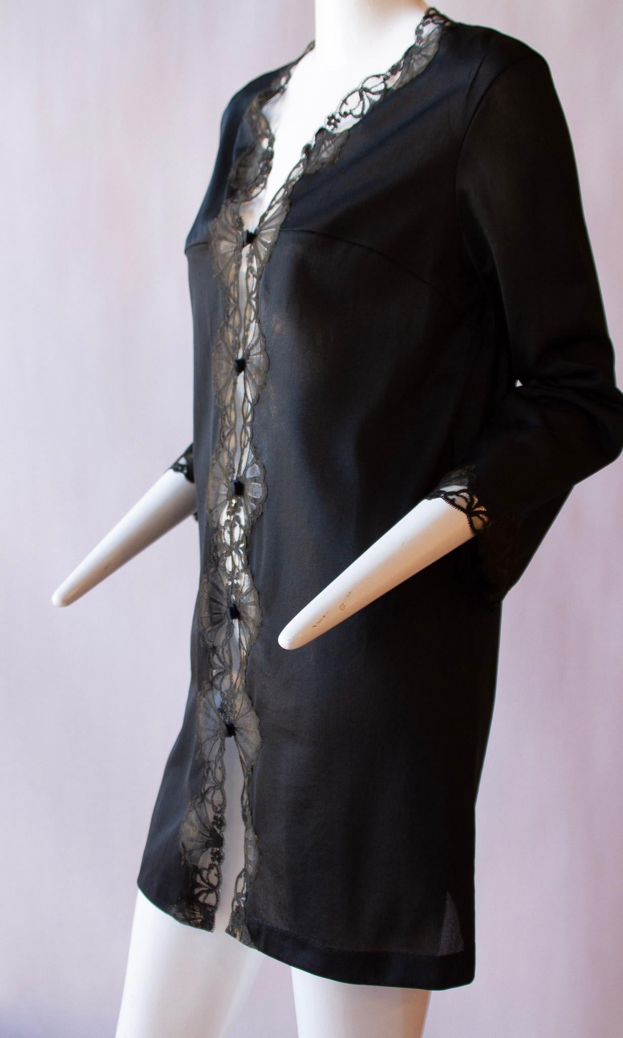 EMILIO PUCCI for Formfit Rogers, Mid-Length Black Silk Button Robe with Scalloped Laced Edges, circa 1959-1960s

Bust 42