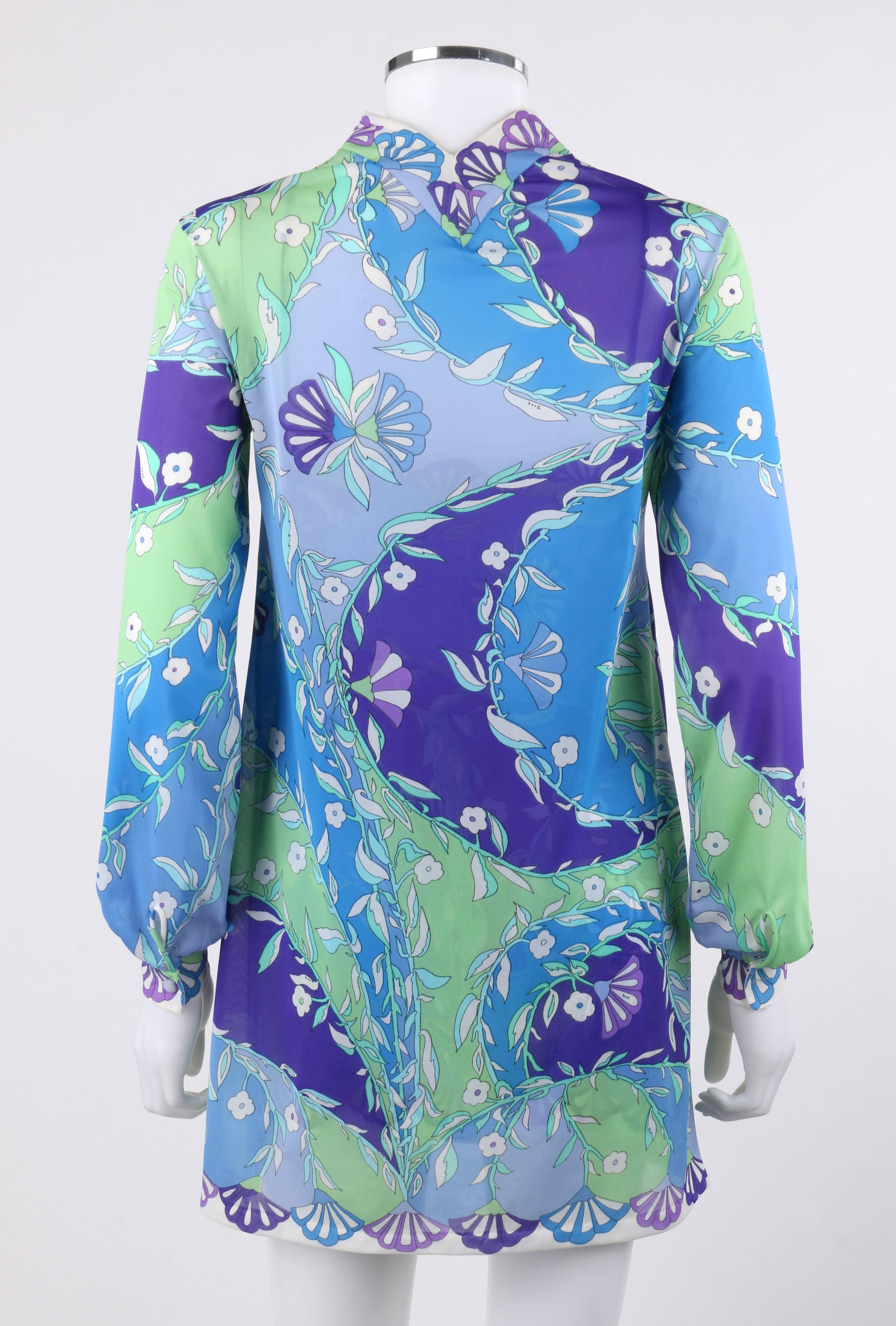EMILIO PUCCI Formfit Rogers c.1960's 2 Pc Blue Floral Print Shirt Slip Dress Set In Excellent Condition In Thiensville, WI