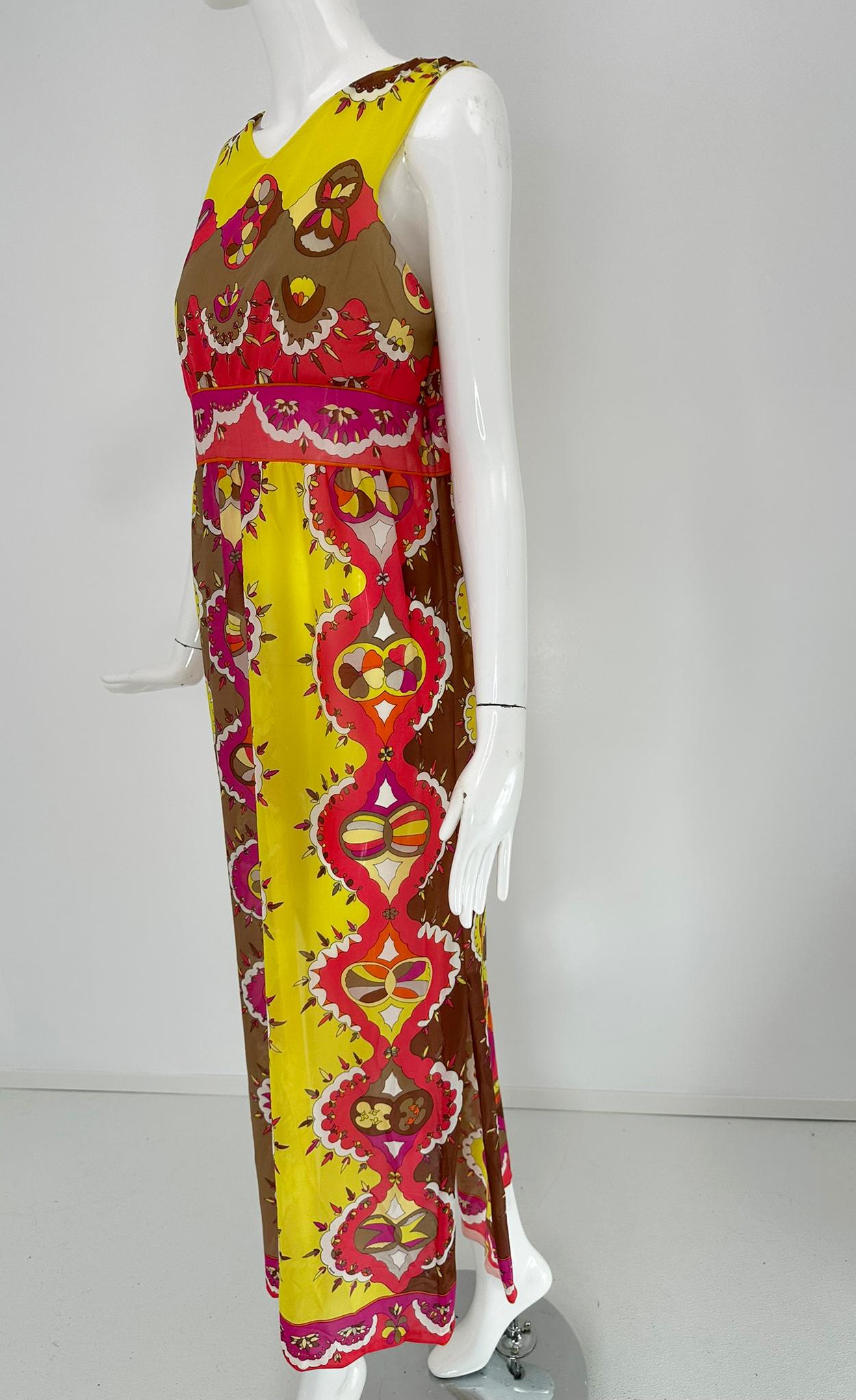 Emilio Pucci Formfit Rogers Yellow Pink Sleeveless Side Vent Maxi Dress 1970s M en vente 5